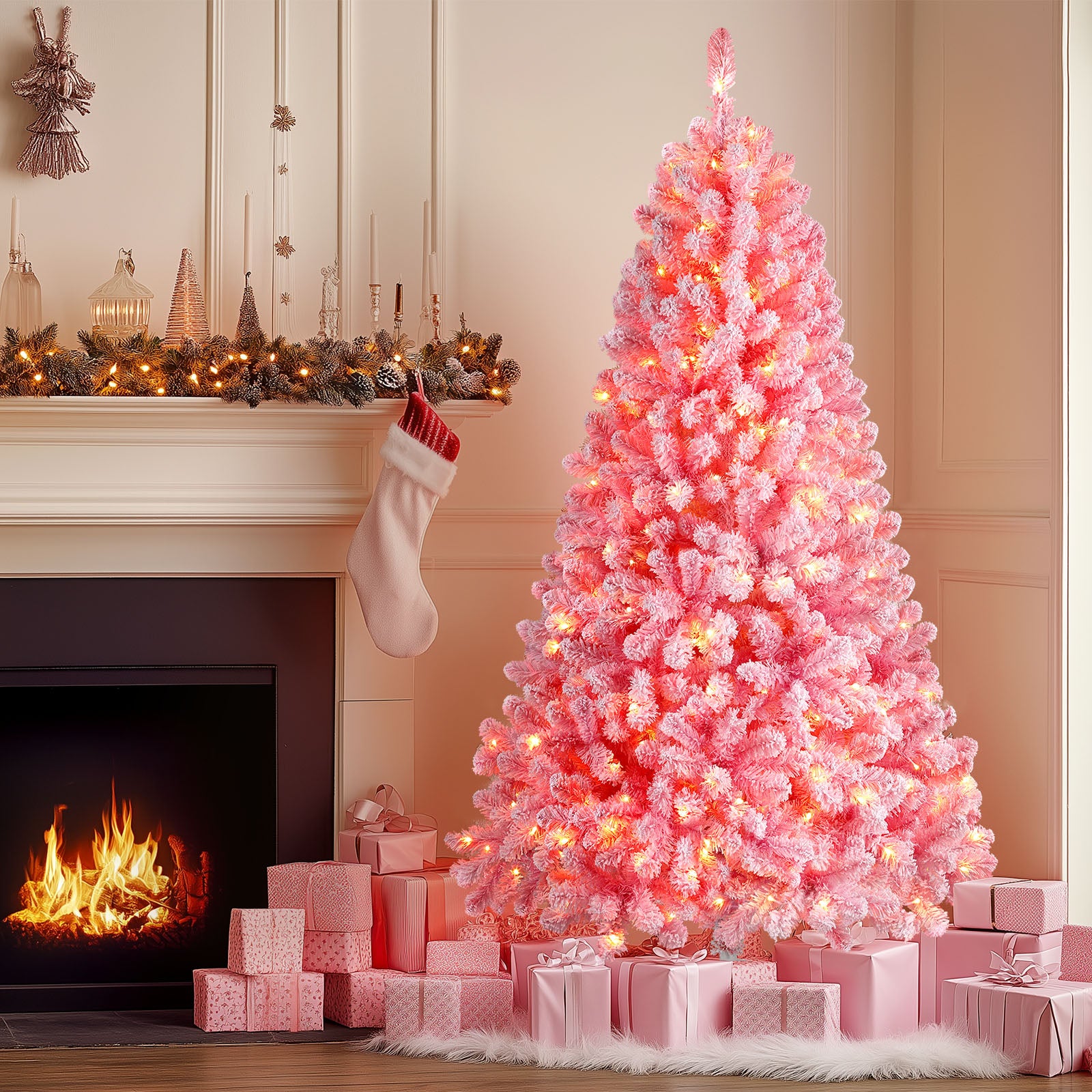 7.5ft Prelit 350 Warm White Lights Snow Flocked Artificial Holiday Christmas Tree-Pink - SHareconn