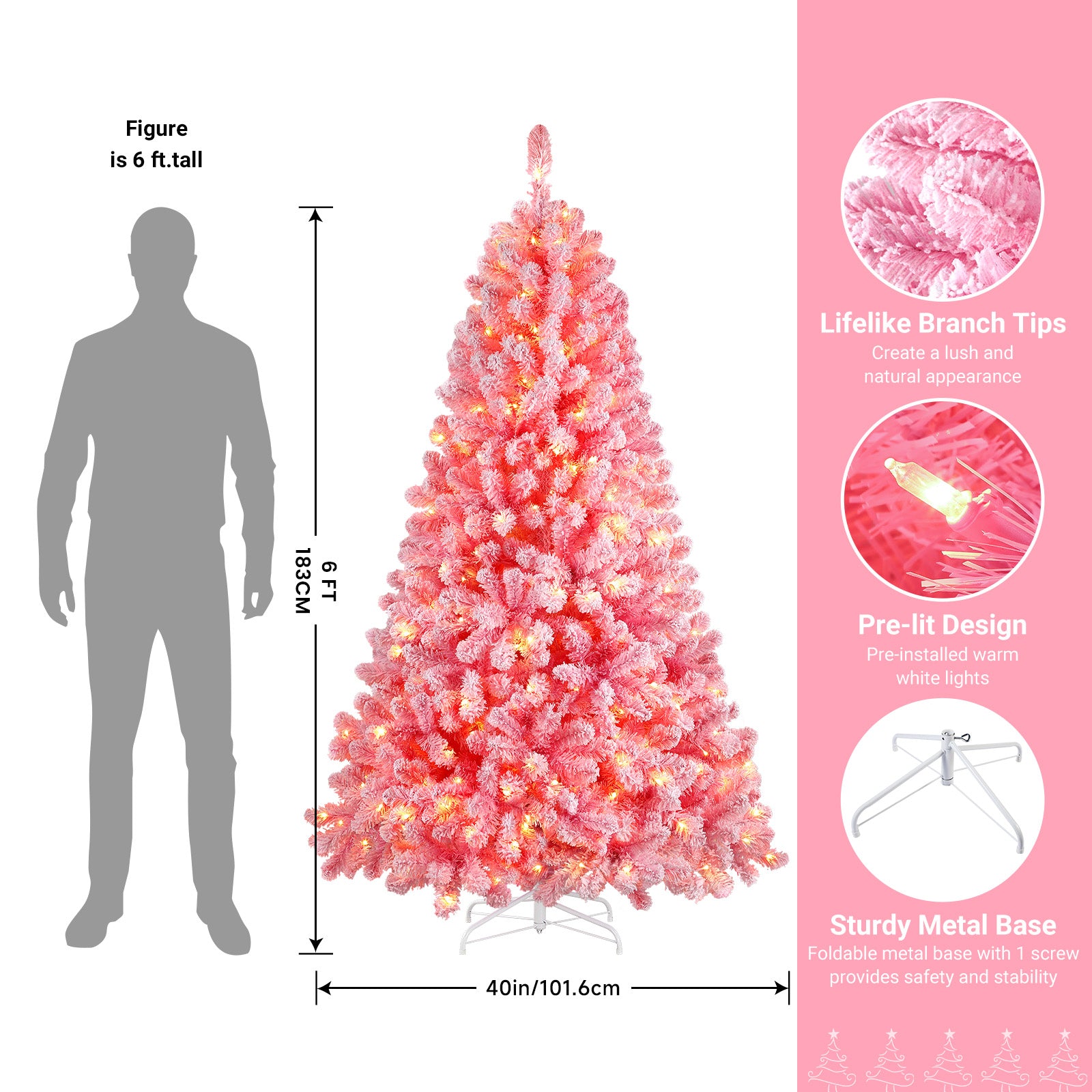 6ft Prelit 250 Warm White Lights Snow Flocked Artificial Holiday Christmas Tree-Pink - SHareconn