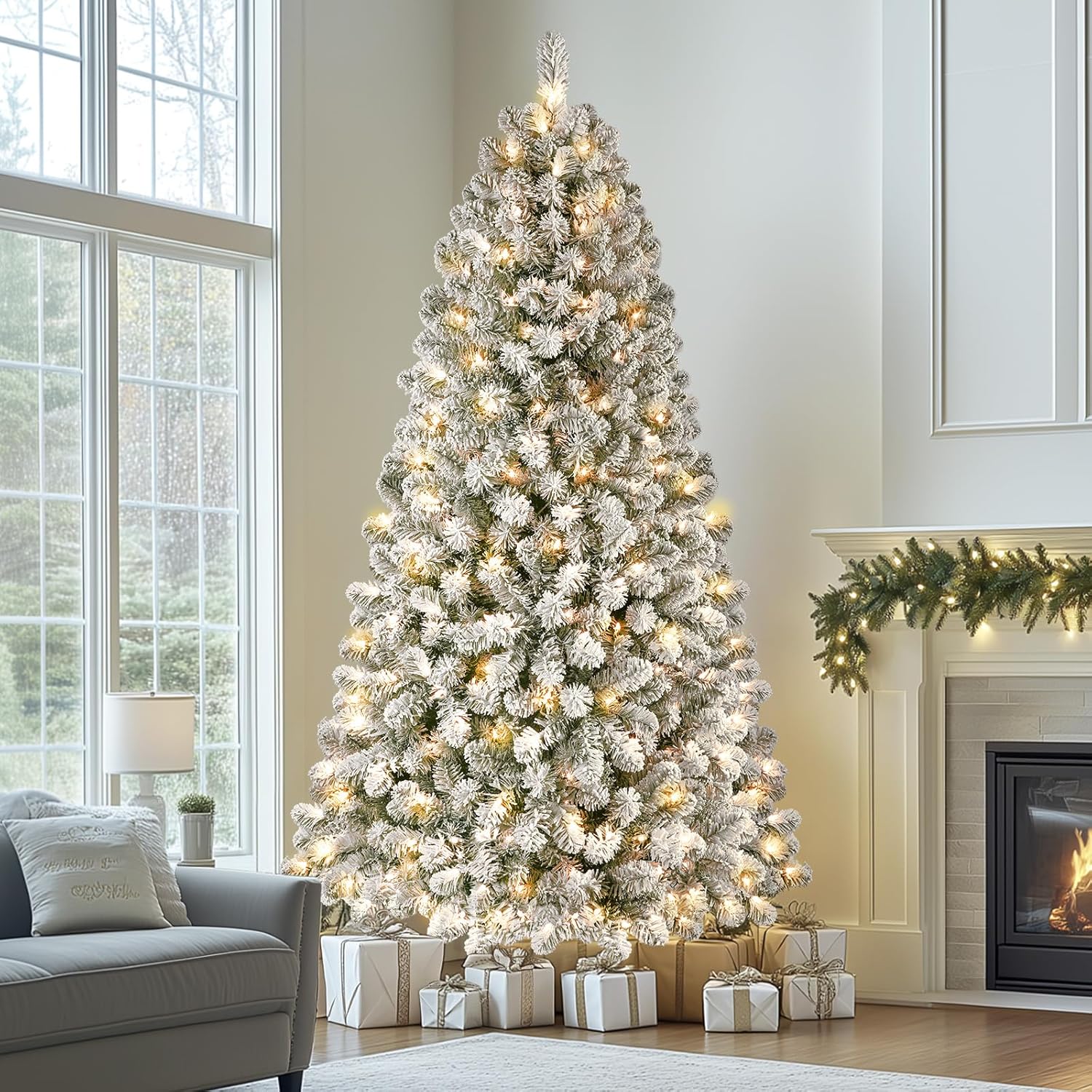 Pre-lit Warm White Lights Snow Flocked Artificial Hinged Christmas Xmas Trees-White - SHareconn