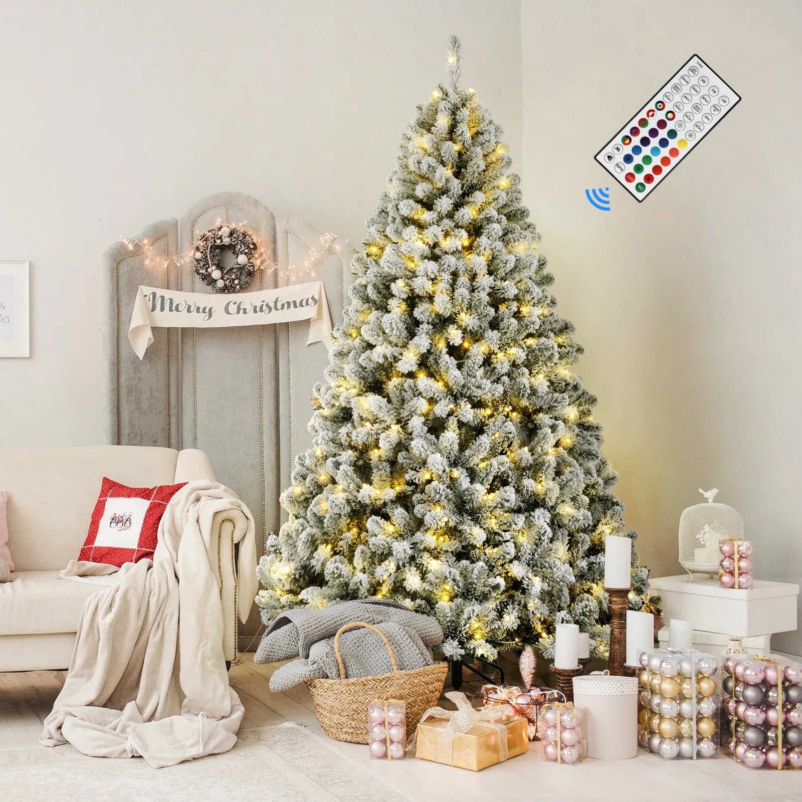 6ft Prelit 330 Multi-Color RGB Lights Full Snow Flocked Artificial Holiday Christmas Tree with Remote-White - SHareconn