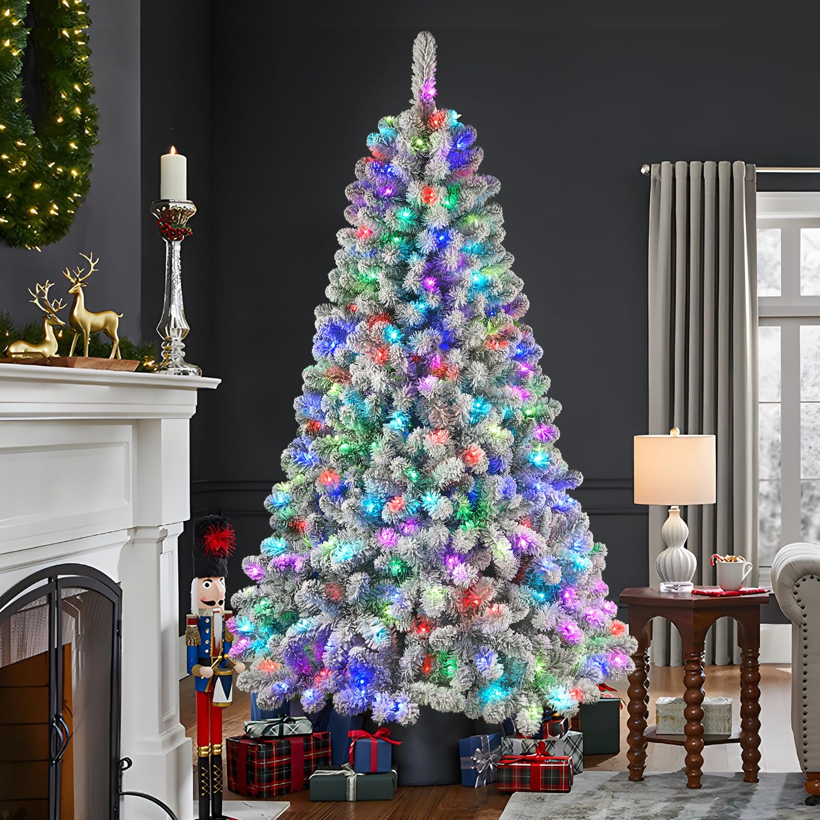 6ft Prelit 330 Multi-Color RGB Lights Full Snow Flocked Artificial Holiday Christmas Tree with Remote-White - SHareconn