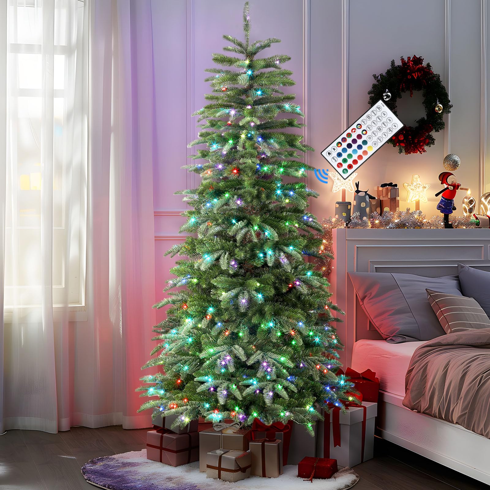 6ft Prelit Artificial Hinged Upgraded Christmas Tree with Remote, 380 Pre-Lit Multi-Color RGB Lights and 1045 PE & PVC Branch Tips, Perfect Choice for Xmas Decoration, 6 FT - SHareconn