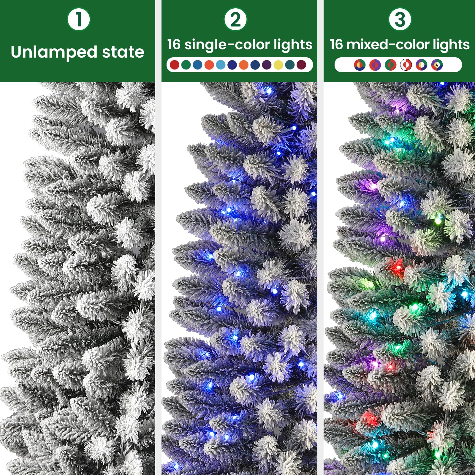 6ft Prelit Multi-Color RGB Lights Snow Flocked Artificial Hinged Slim Pencil Christmas Tree with Remote - SHareconn