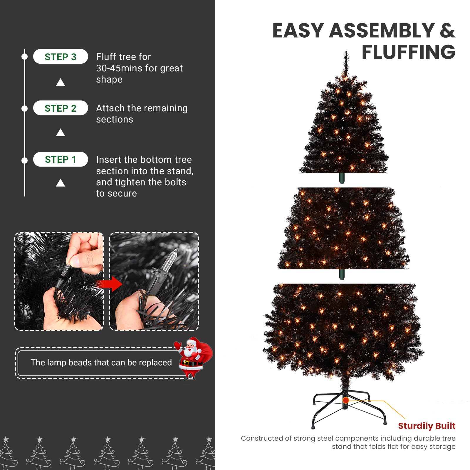 6ft Prelit Warm White Lights Premium Artificial Hinged Christmas Tree Black - SHareconn