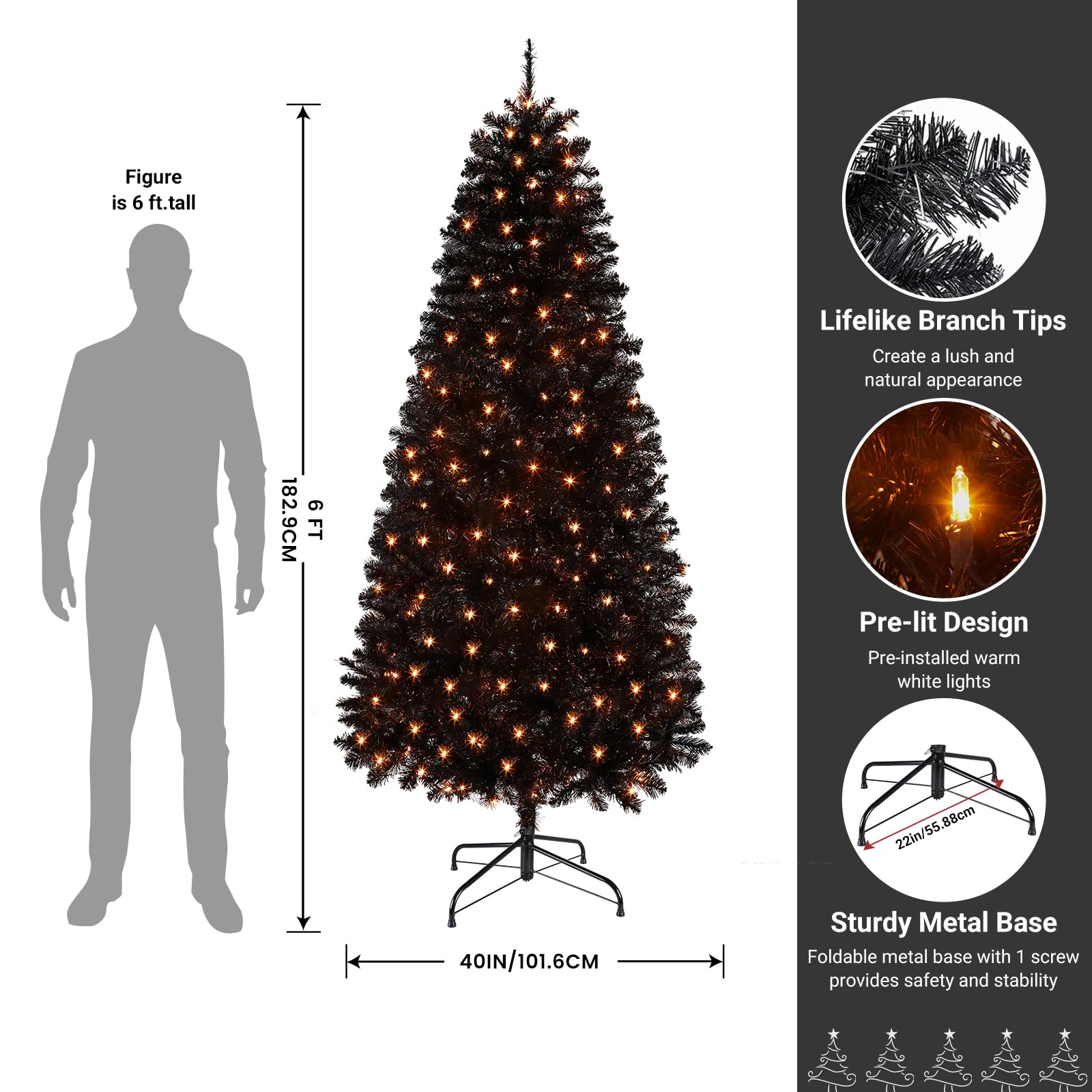 6ft Prelit Warm White Lights Premium Artificial Hinged Christmas Tree Black - SHareconn