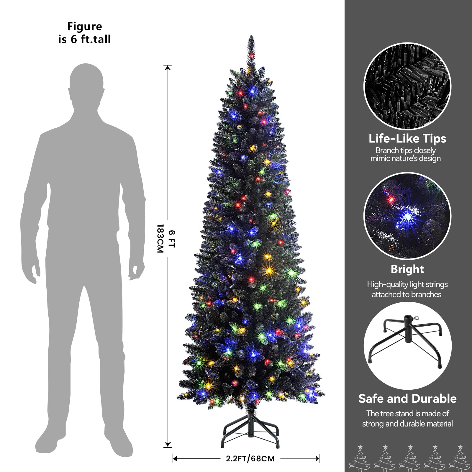 SHareconn 6ft Premium Prelit Artificial Hinged Slim Pencil Christmas Tree with Remote Control, 240 Warm White & Multi-Color Lights, Full Branch Tips, First Choice Decorations for X-mas, 6 FT, Black - SHareconn