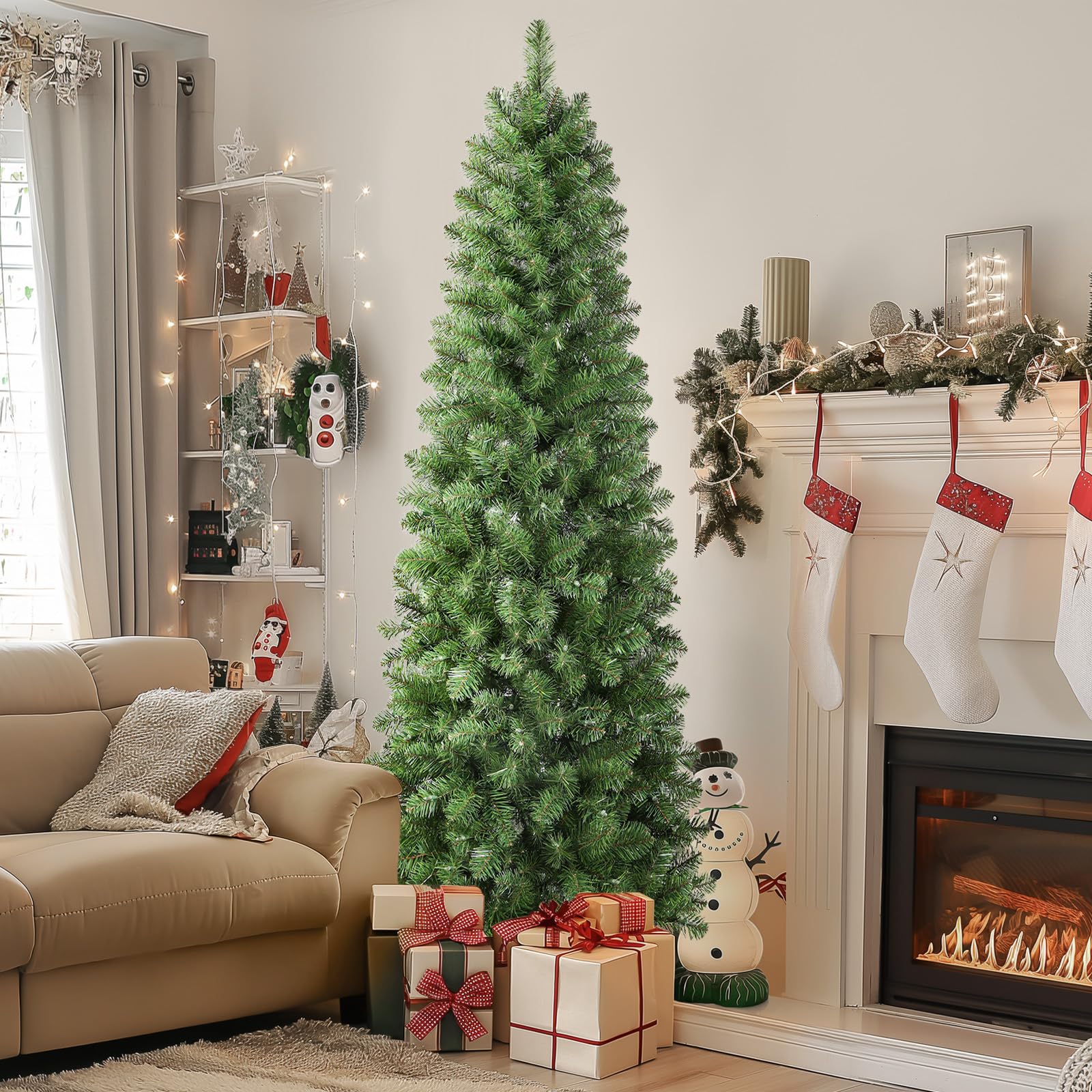 SHareconn 6ft Artificial Hinged Slim Pencil Prelit Christmas Tree with Lights, Warm White Light, The Perfect Choice of Decorations for Xmas Holiday, 6 Foot Pre Lit Christmas Tree, Green - SHareconn
