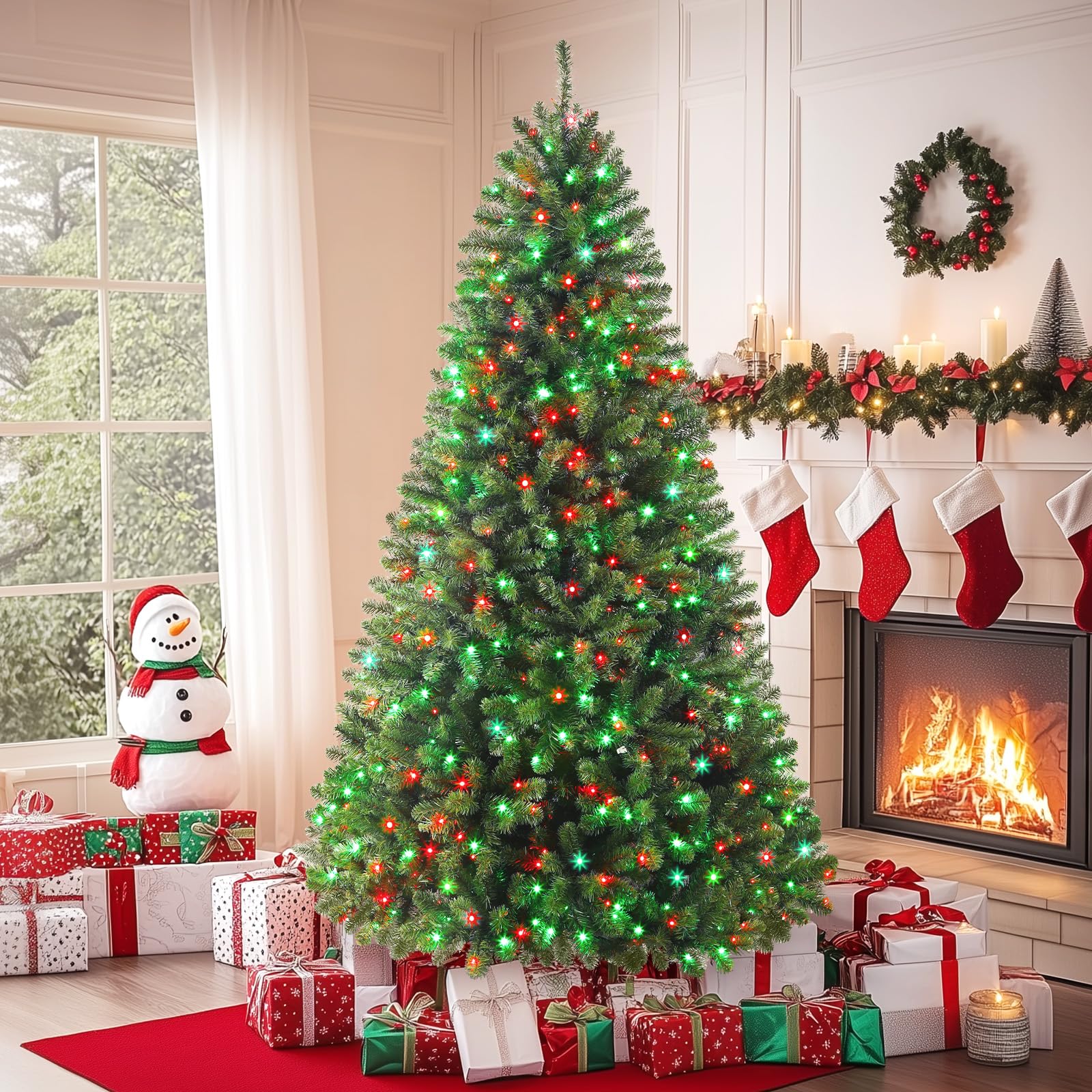 Pre-lit Multi Color RGB Lights PVC Branch Premium Artificial Hinged Christmas Tree with Remote-Green - SHareconn