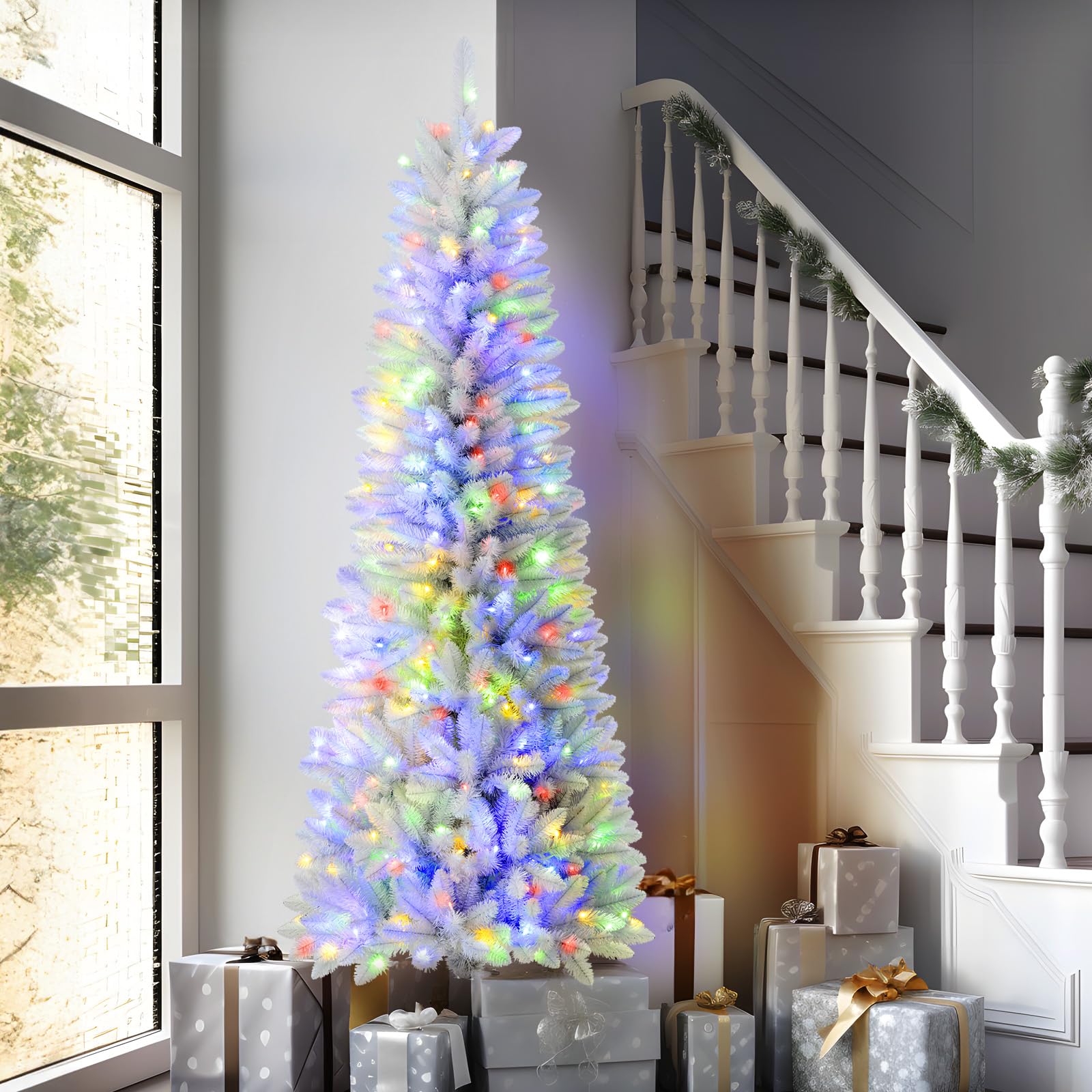 SHareconn 7.5ft Prelit Artificial Hinged Slim Pencil Christmas Tree, Pre-Lit 310 Warm White & Multi-Color Lights with Remote Control, Full Branch Tips, First Choice Decorations for X-mas, 7.5 FT White - SHareconn