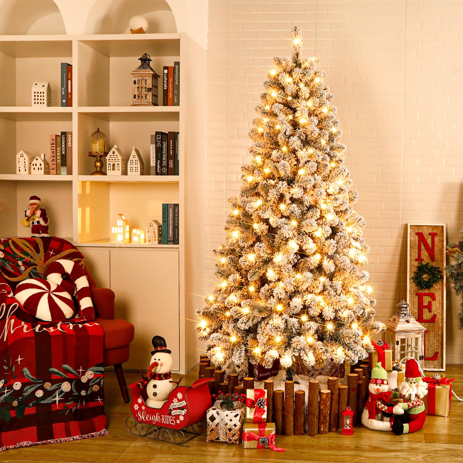 7.5ft Prelit Warm White Lights Snow Flocked Artificial Holiday Christmas Tree - SHareconn