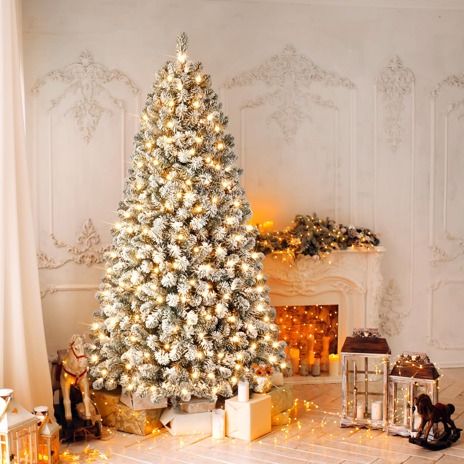 7.5ft Prelit Warm White Lights Snow Flocked Artificial Holiday Christmas Tree - SHareconn
