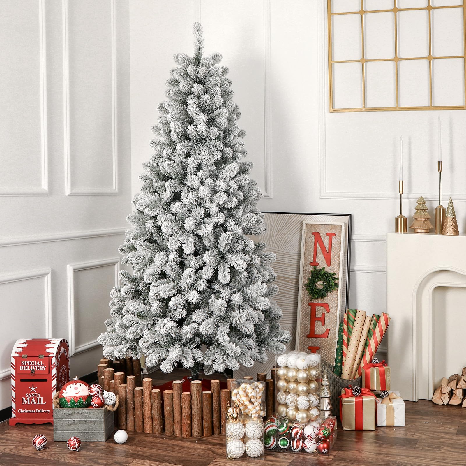 7.5ft Prelit Warm White Lights Snow Flocked Artificial Holiday Christmas Tree - SHareconn