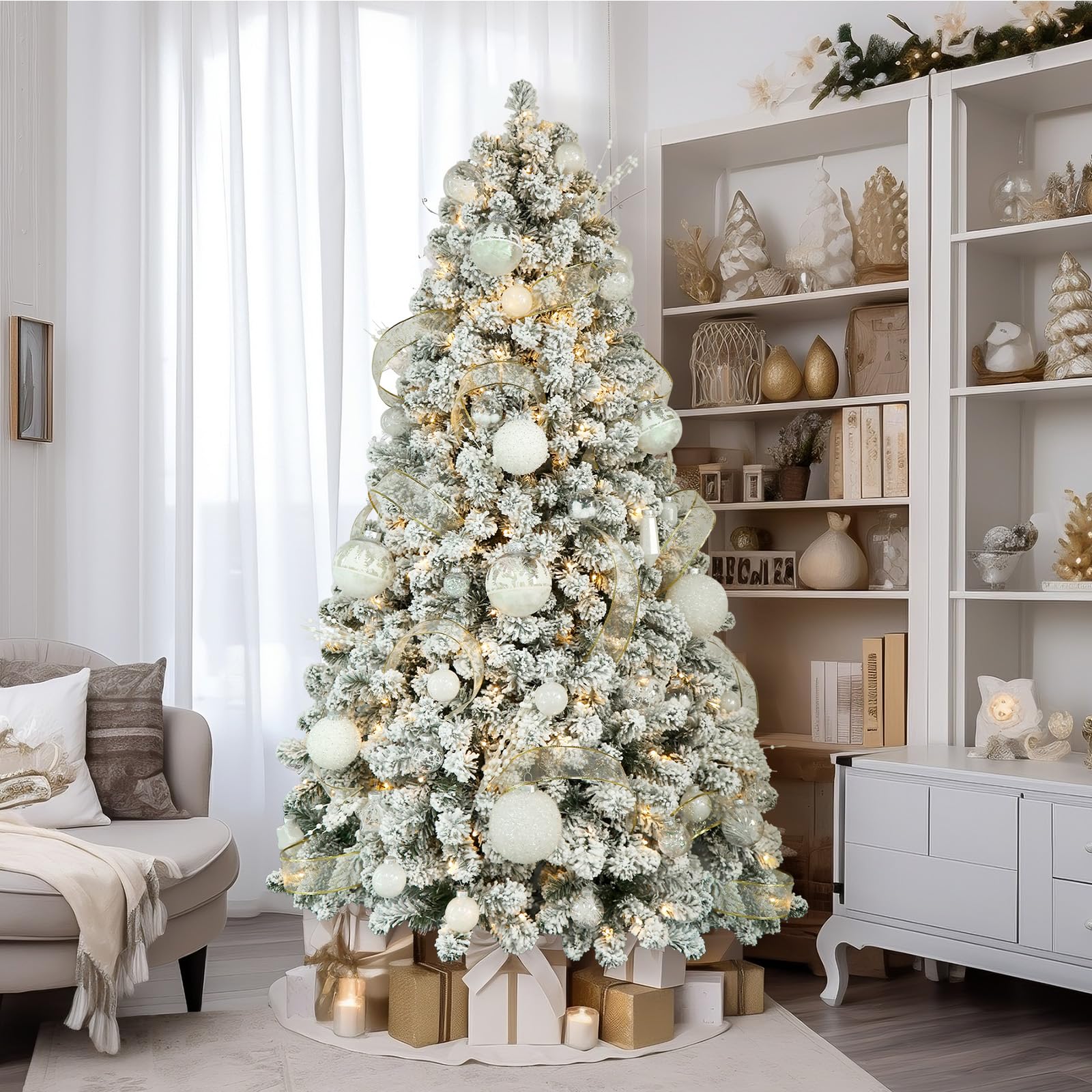 Pre-lit Warm White Lights Snow Flocked Artificial Hinged Christmas Xmas Trees-White - SHareconn