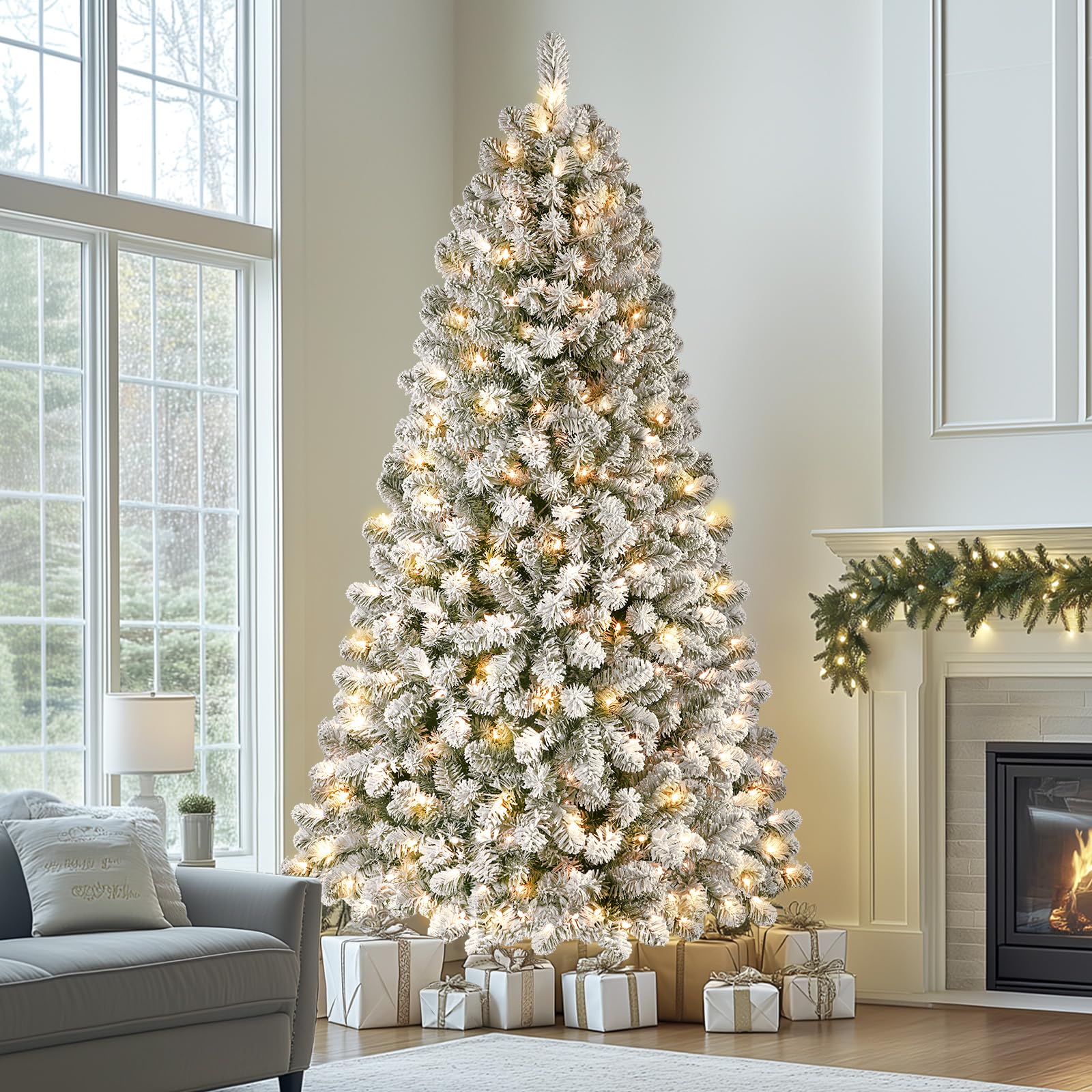 7.5ft Pre-lit 350 Warm White Lights Snow Flocked Artificial Hinged Christmas Xmas Trees-White - SHareconn