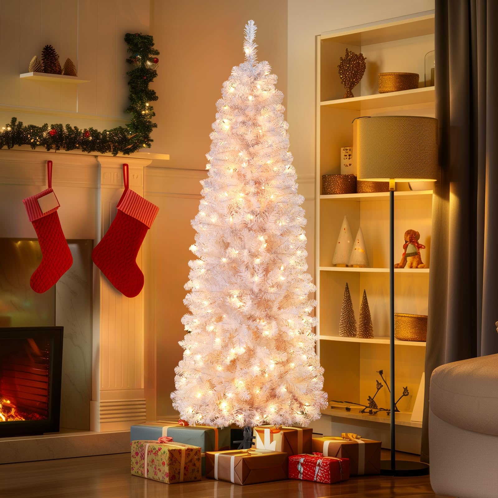 SHareconn 7.5ft Prelit Artificial Hinged Slim Pencil Christmas Tree with Warm White Lights, Full Branch Tips, Perfect Choice Decoration for Xmas Holiday, 7.5 FT, White - SHareconn