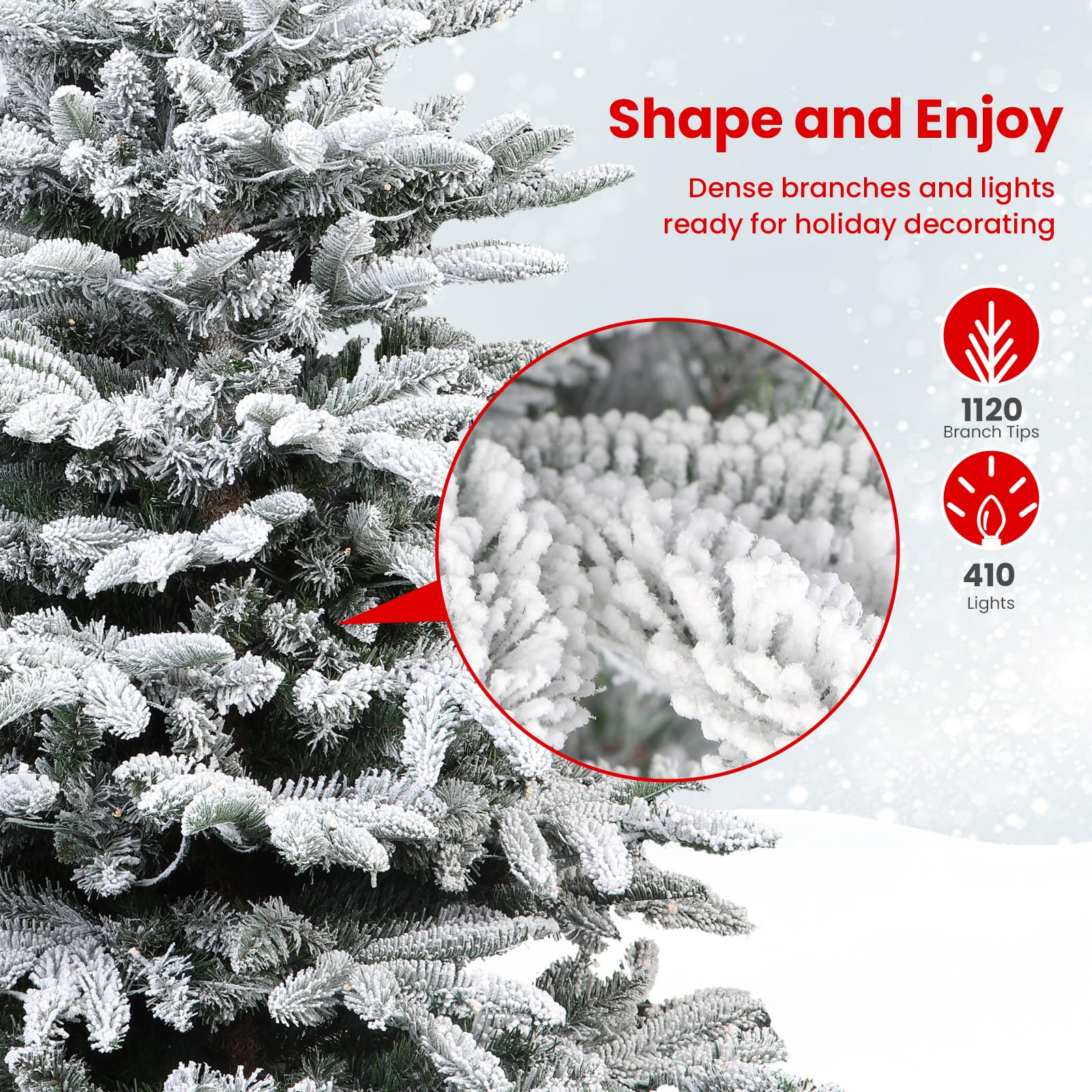 7.5ft Prelit Artificial Hinged Upgraded Snow Flocked Christmas Tree with Remote, 460 Pre-Lit Multi-Color RGB Lights and 1267 PE & PVC Branch Tips, Perfect Choice for Xmas Decoration, 7.5 FT - SHareconn