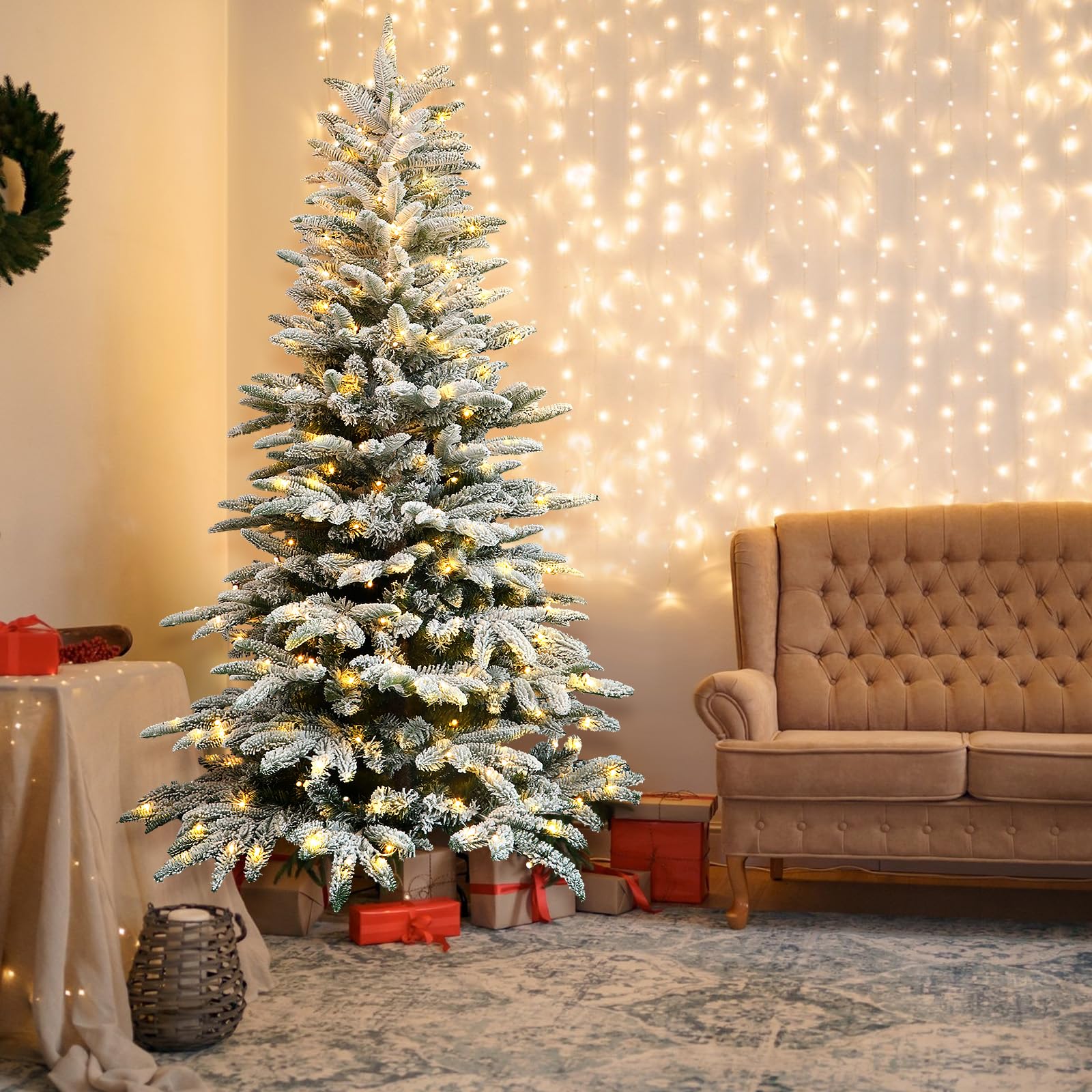 7.5ft Prelit Artificial Hinged Upgraded Snow Flocked Christmas Tree with Remote, 460 Pre-Lit Multi-Color RGB Lights and 1267 PE & PVC Branch Tips, Perfect Choice for Xmas Decoration, 7.5 FT - SHareconn