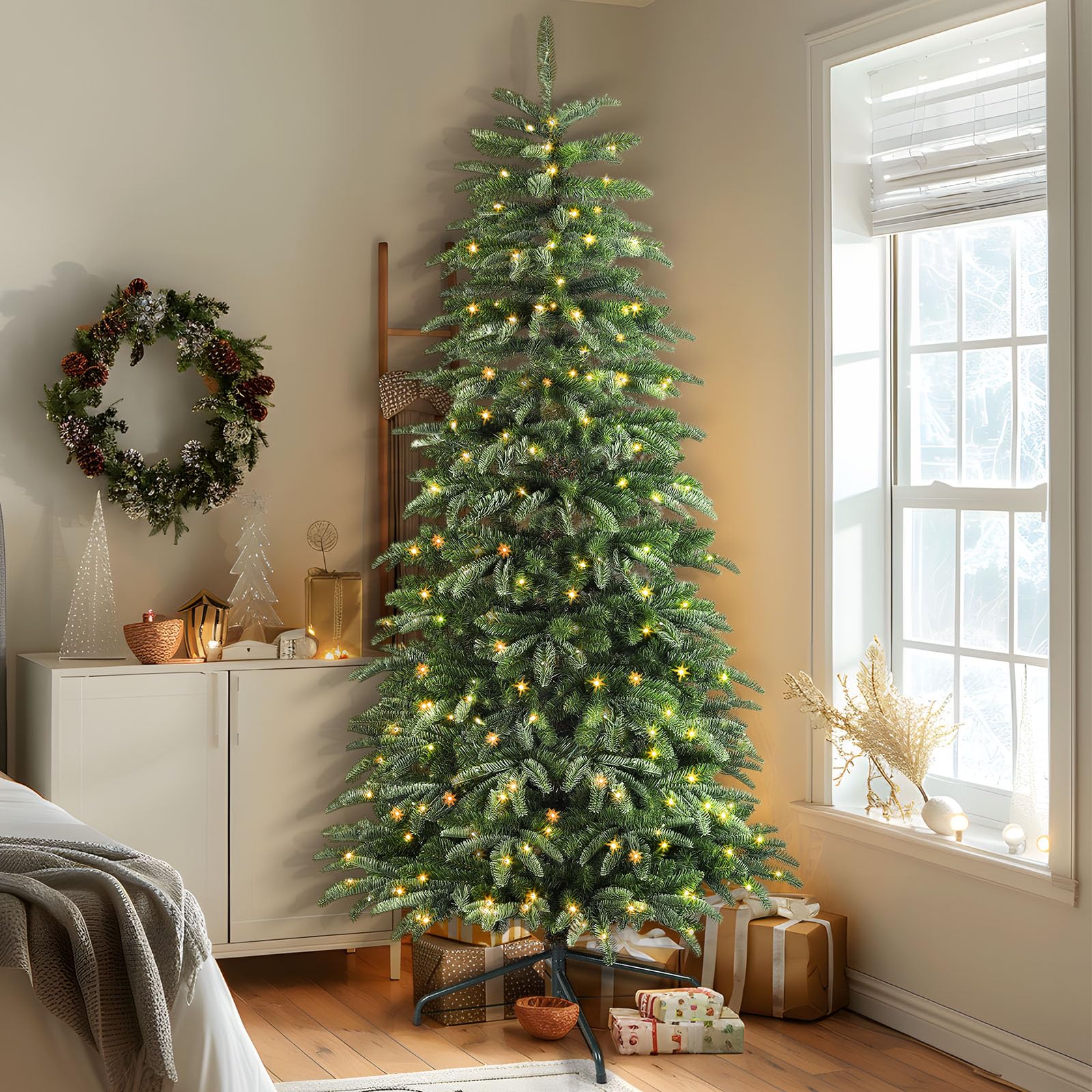 7.5ft Prelit Artificial Hinged Upgraded Christmas Tree with Remote, 660 Pre-Lit Multi-Color RGB Lights and 1975 PE & PVC Branch Tips, Perfect Choice for Xmas Decoration, 7.5 FT - SHareconn