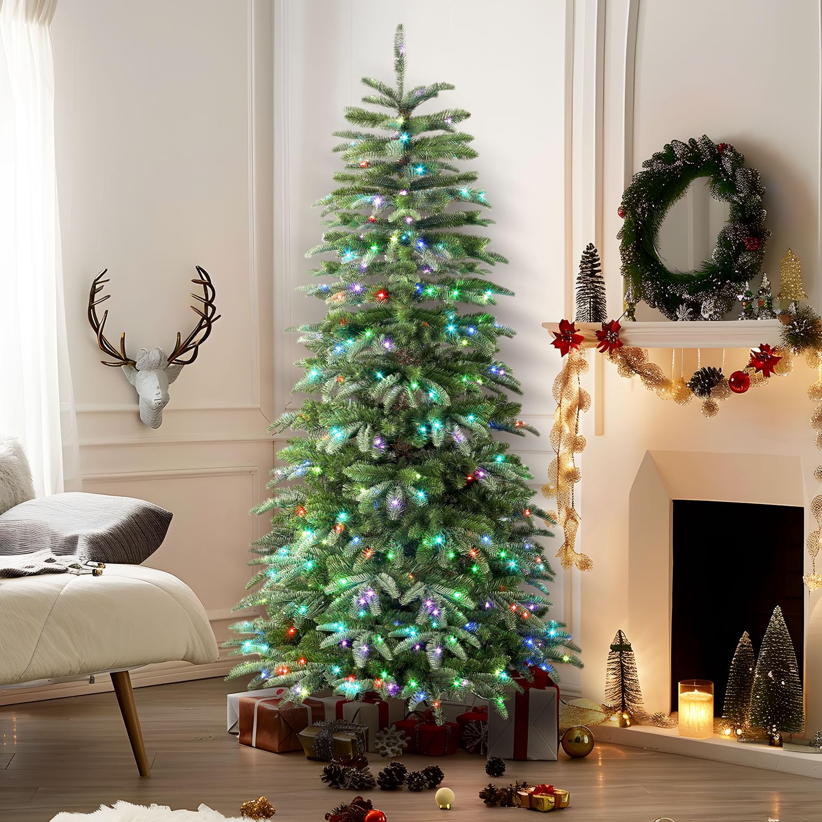 7.5ft Prelit Artificial Hinged Upgraded Christmas Tree with Remote, 660 Pre-Lit Multi-Color RGB Lights and 1975 PE & PVC Branch Tips, Perfect Choice for Xmas Decoration, 7.5 FT - SHareconn