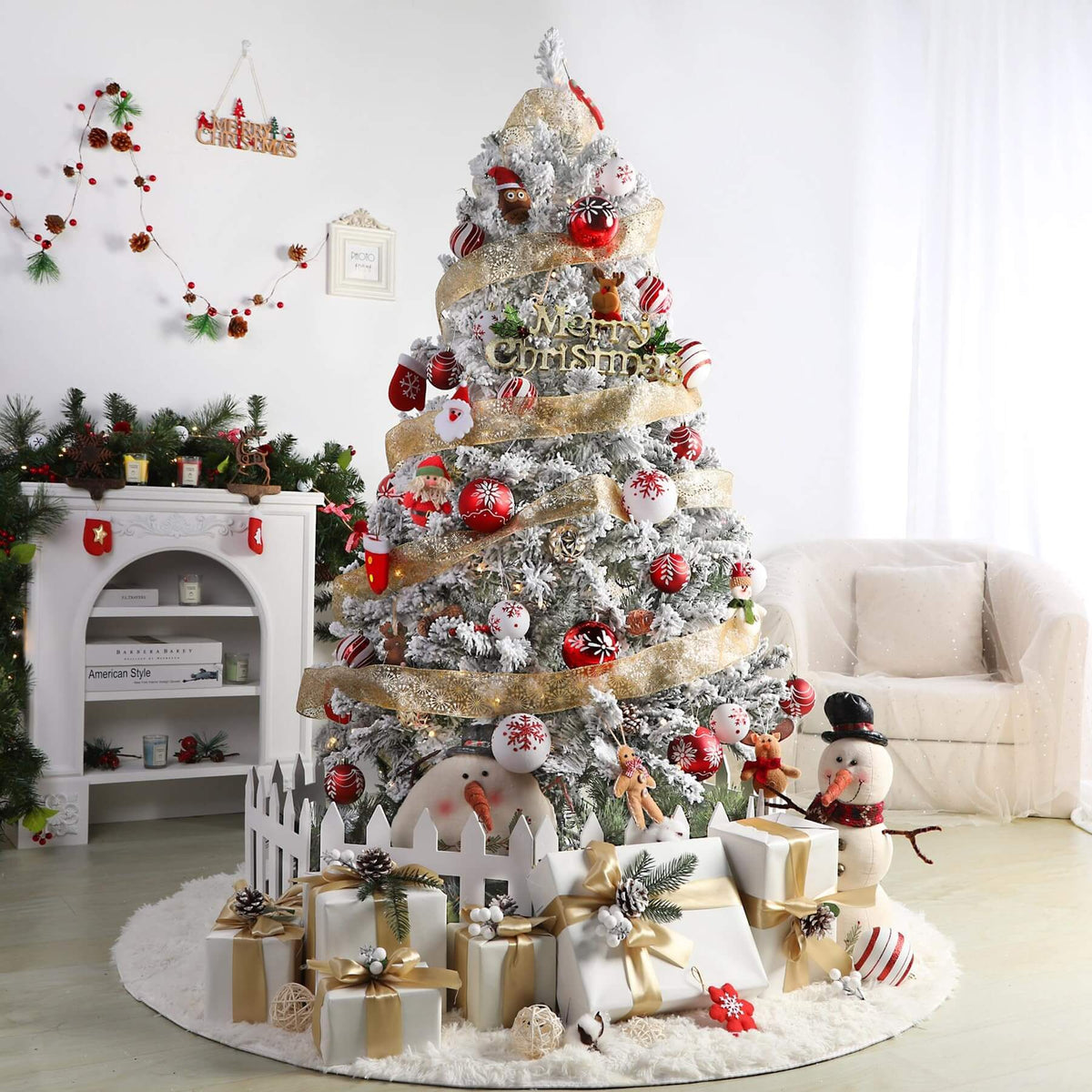 7.5ft SHareconn artificial Christmas tree with snow flocking, 106 RGB light modes, prelit multi-color lights, and remote control.