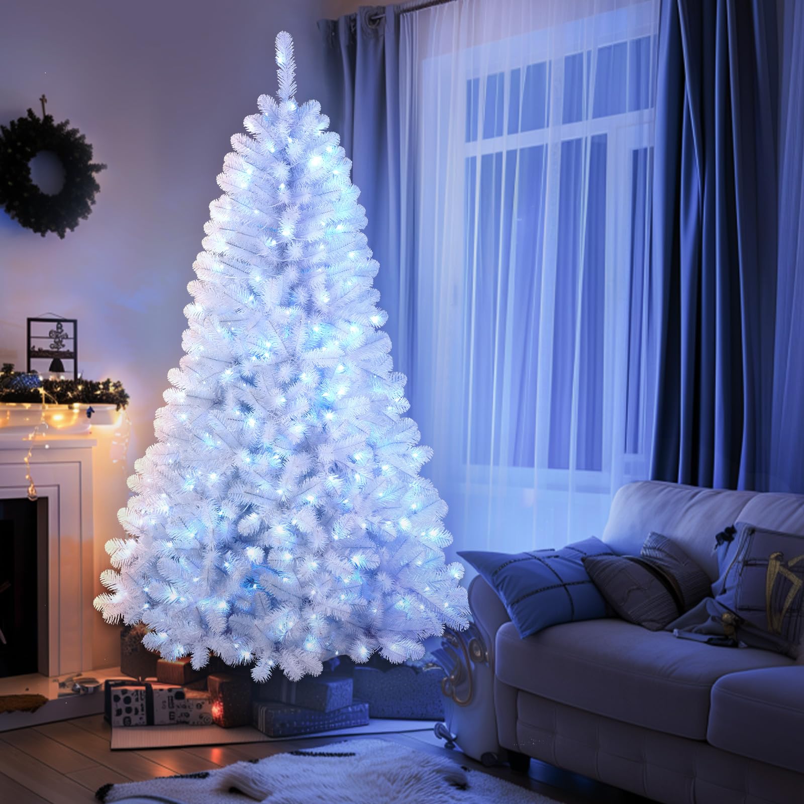 7.5ft Prelit RGB Lights Premium Artificial Hinged White Christmas Tree - SHareconn
