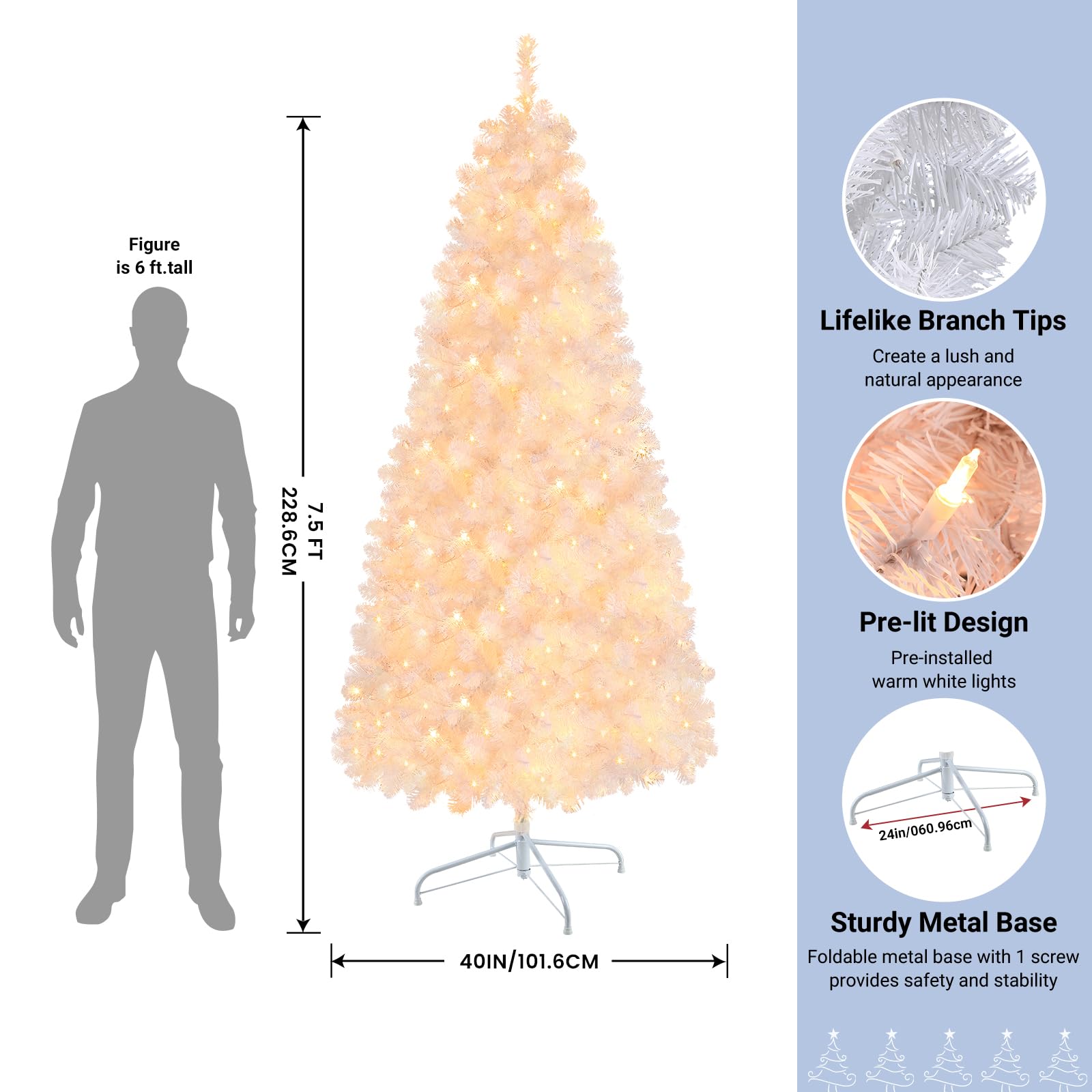 7.5ft Prelit Warm White Lights Premium Artificial Hinged Christmas Tree - SHareconn