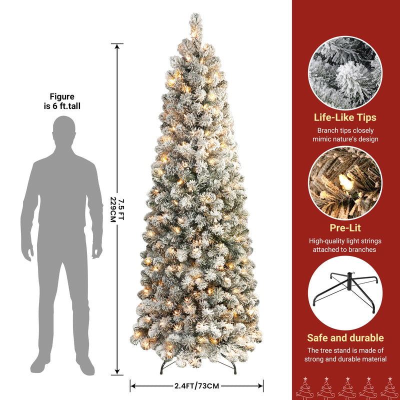 7.5ft SHareconn artificial Christmas tree with warm white lights, snow flocked branches, hinged design, slim pencil shape.