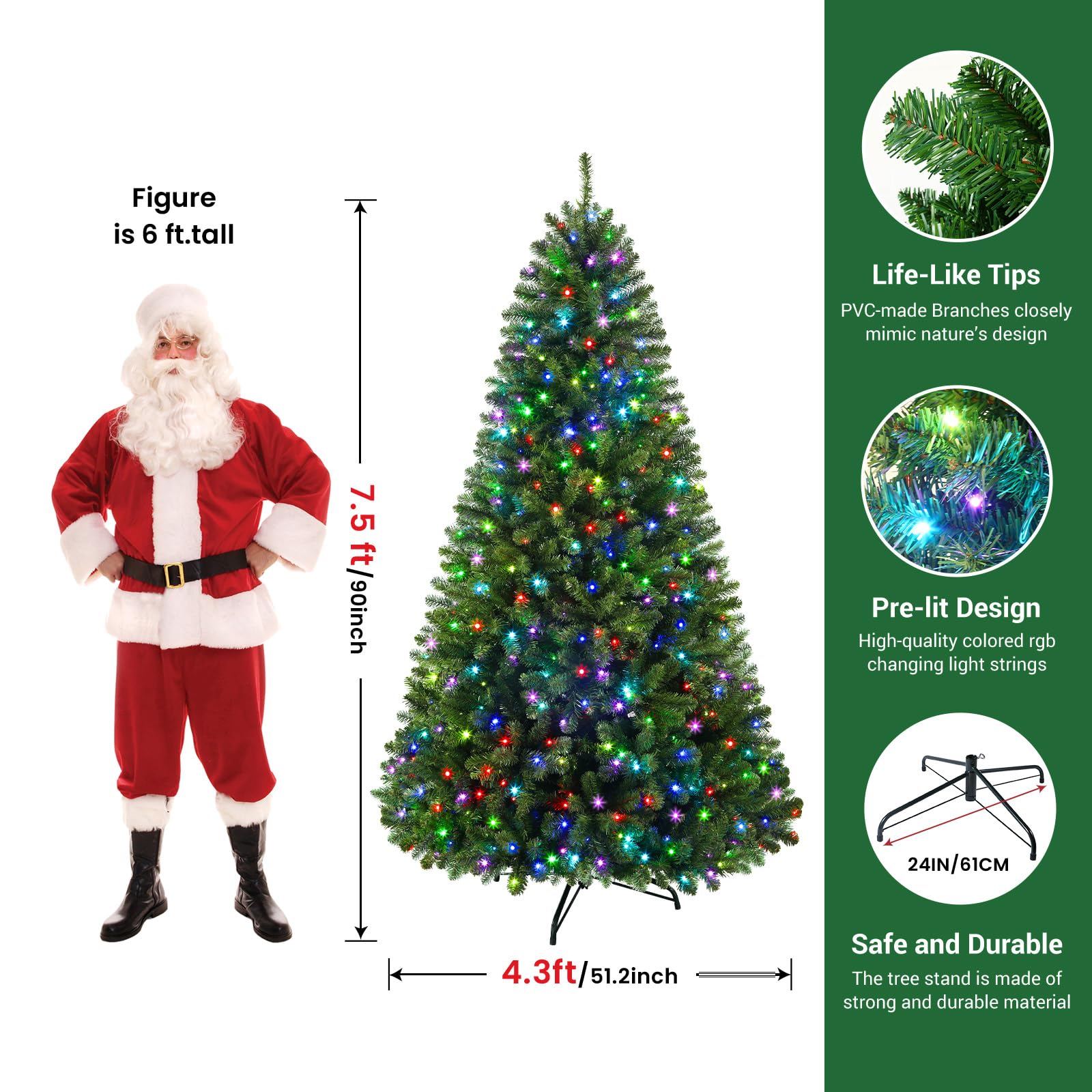 Pre-lit Multi Color RGB Lights PVC Branch Premium Artificial Hinged Christmas Tree with Remote-Green - SHareconn