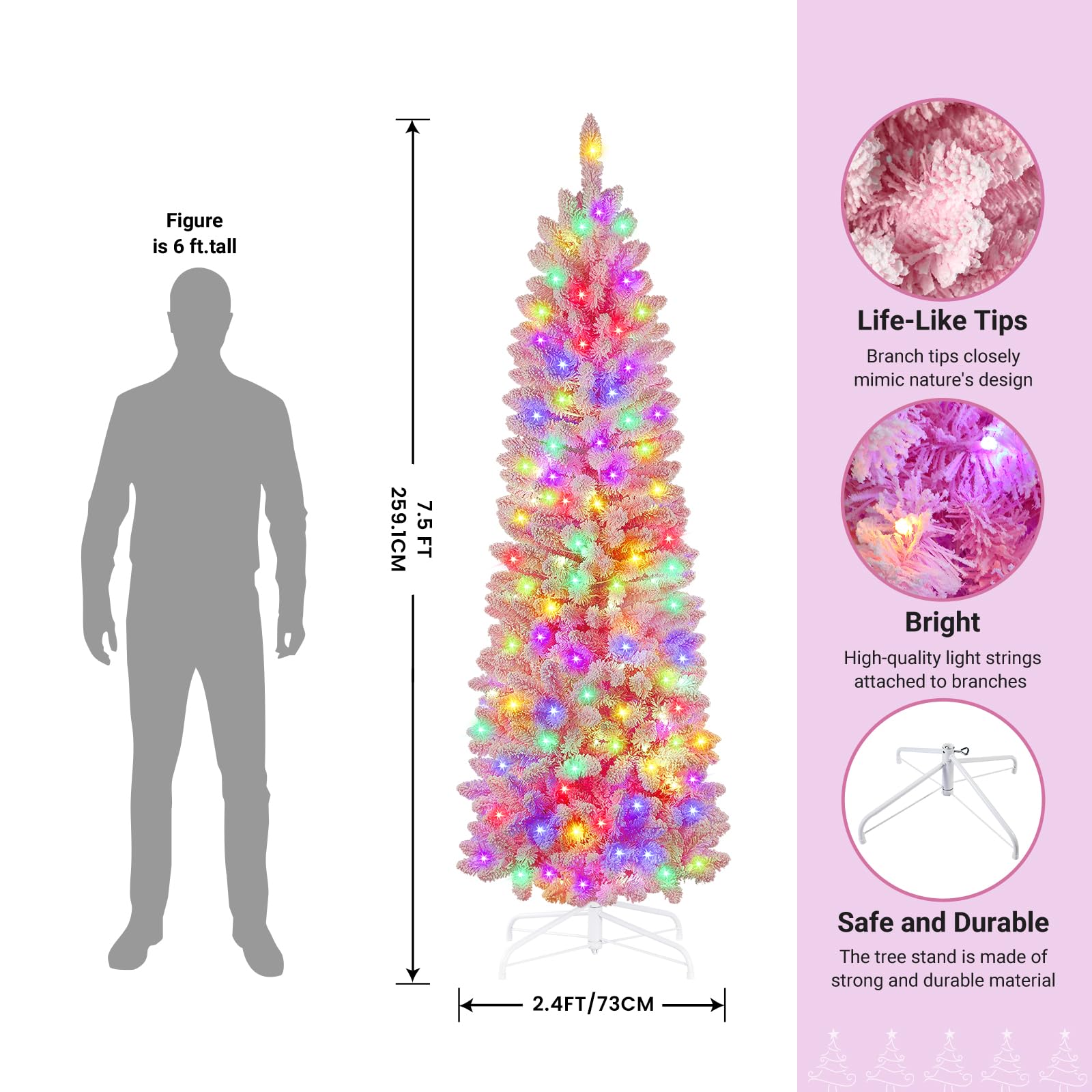 SHareconn 7.5ft Prelit Snow Flocked Artificial Hinged Slim Pencil Christmas Tree, with Remote Controlled Multi-Color RGB Lights, Full Branch Tips,Good Choice Decoration for Xmas Holiday,7.5 FT, Pink - SHareconn