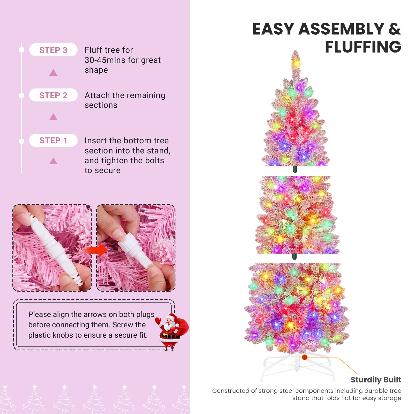 SHareconn 7.5ft Prelit Snow Flocked Artificial Hinged Slim Pencil Christmas Tree, with Remote Controlled Multi-Color RGB Lights, Full Branch Tips,Good Choice Decoration for Xmas Holiday,7.5 FT, Pink - SHareconn