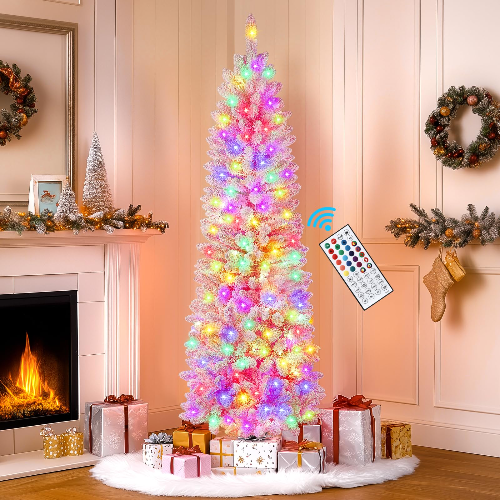 SHareconn 7.5ft Prelit Snow Flocked Artificial Hinged Slim Pencil Christmas Tree, with Remote Controlled Multi-Color RGB Lights, Full Branch Tips,Good Choice Decoration for Xmas Holiday,7.5 FT, Pink - SHareconn