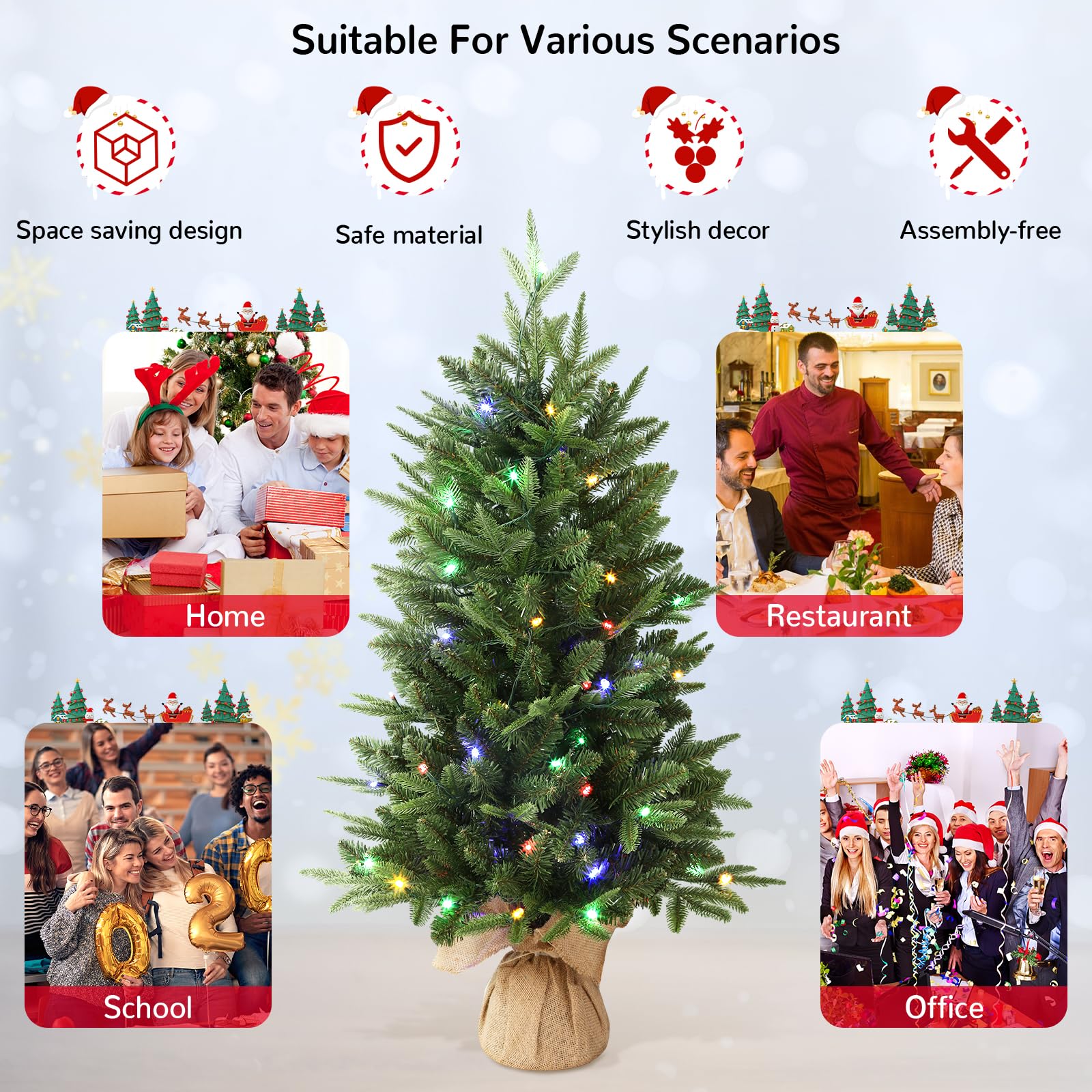 3 ft Small Mini Prelit Artificial Christmas Tree with Color LED Lights - SHareconn