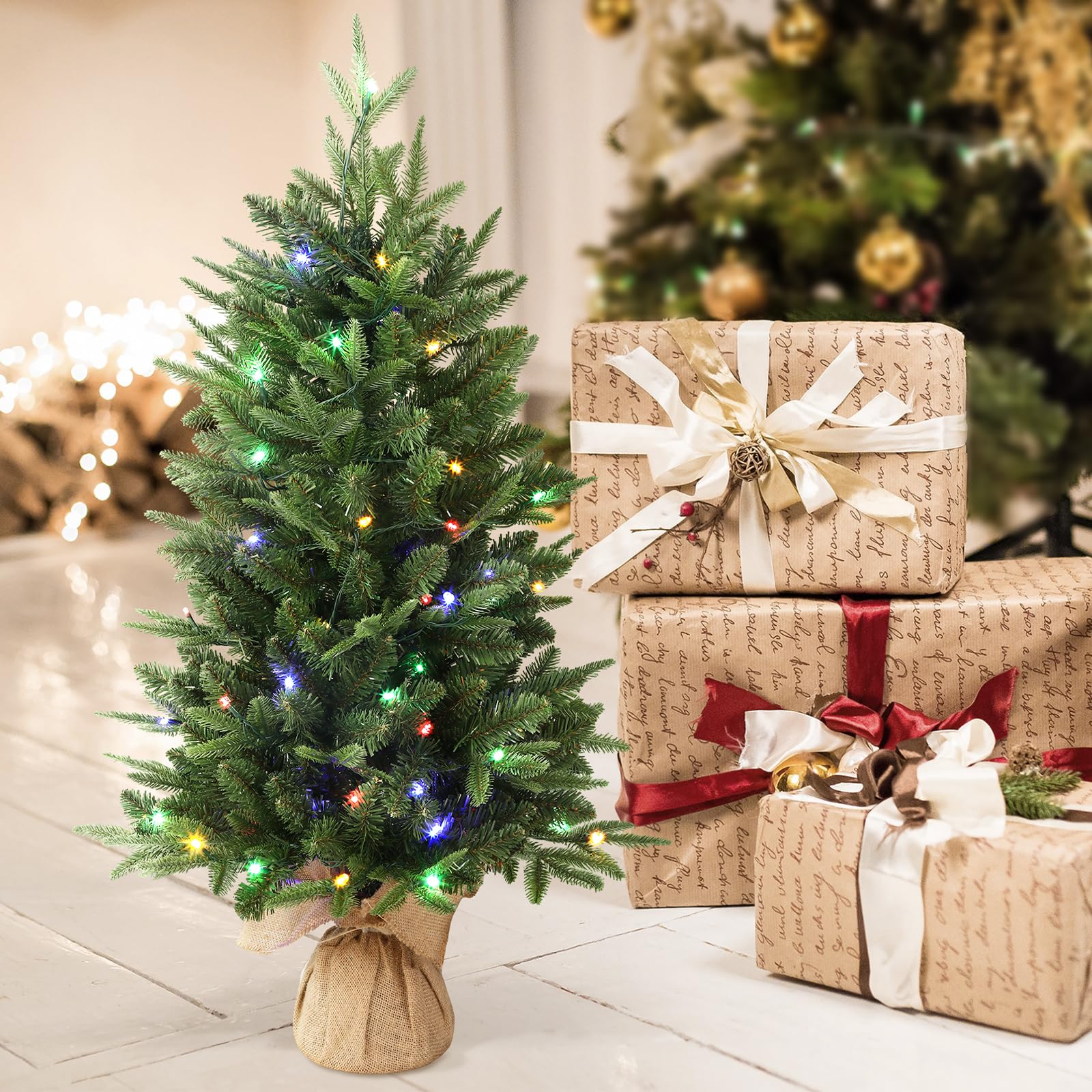 3 ft Small Mini Prelit Artificial Christmas Tree with Color LED Lights - SHareconn