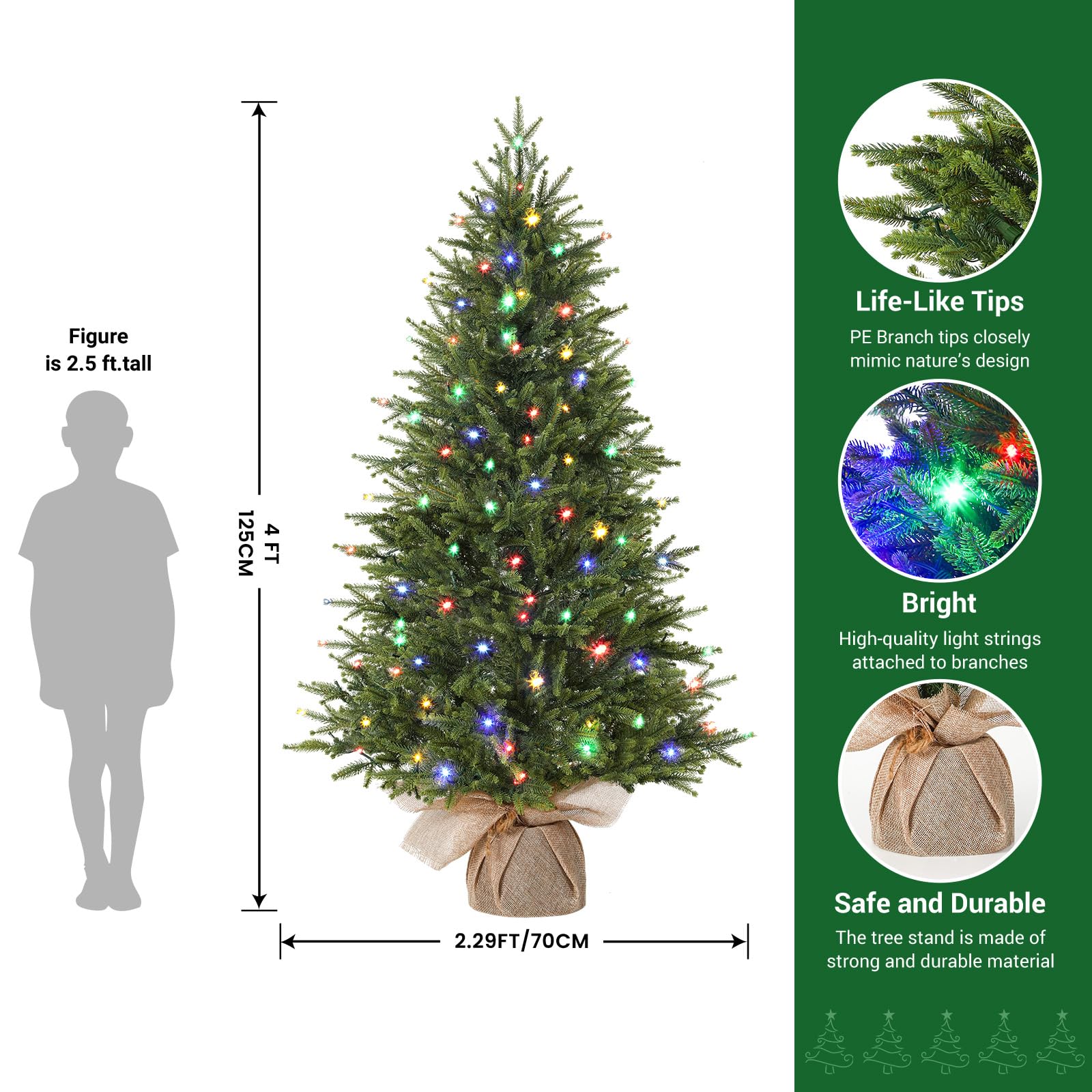 4ft Prelit Artificial Small Mini Christmas Tree with Color LED Lights - SHareconn