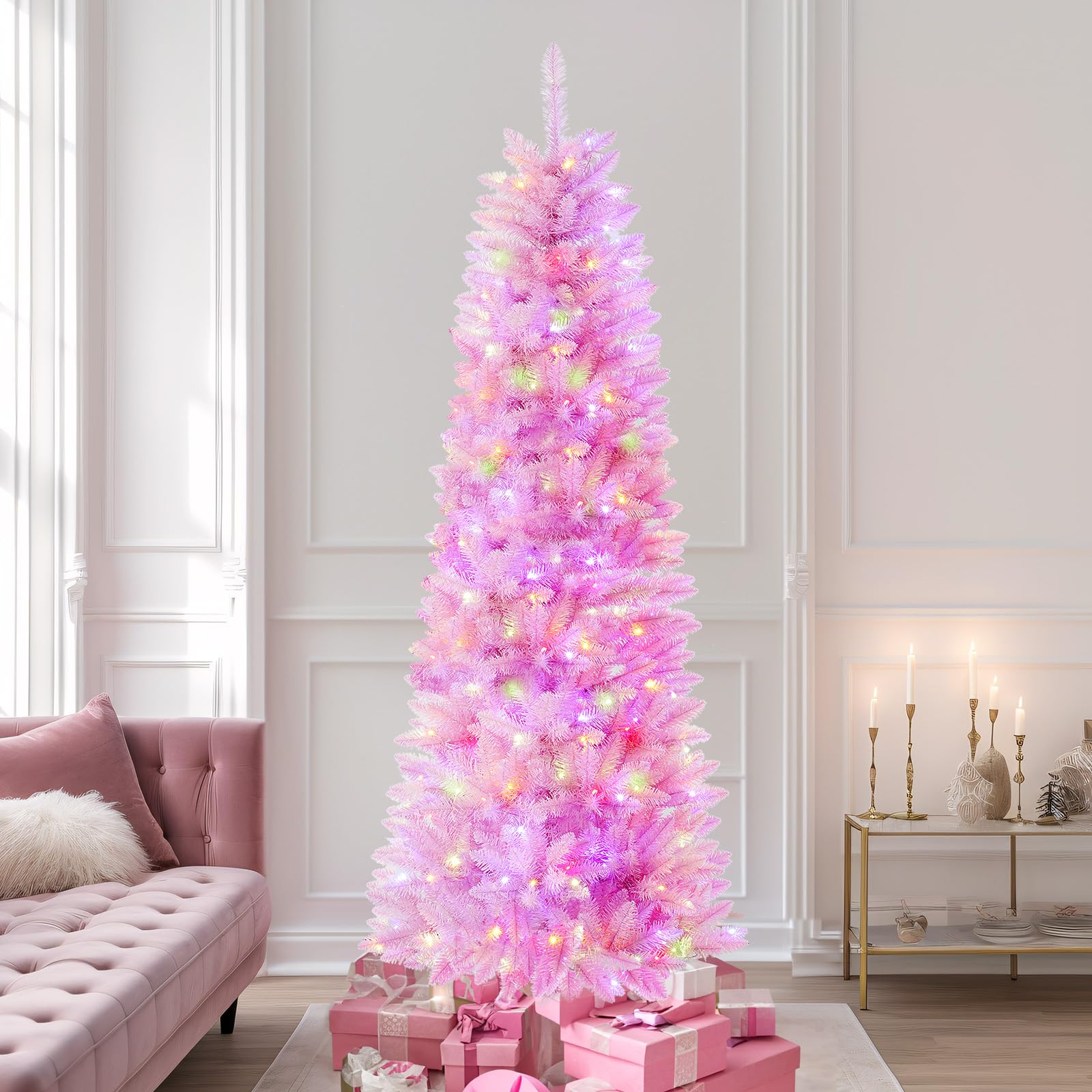 Prelit Artificial Warm White & Multi-Color Lights Slim Pencil Christmas Tree with Remote - SHareconn