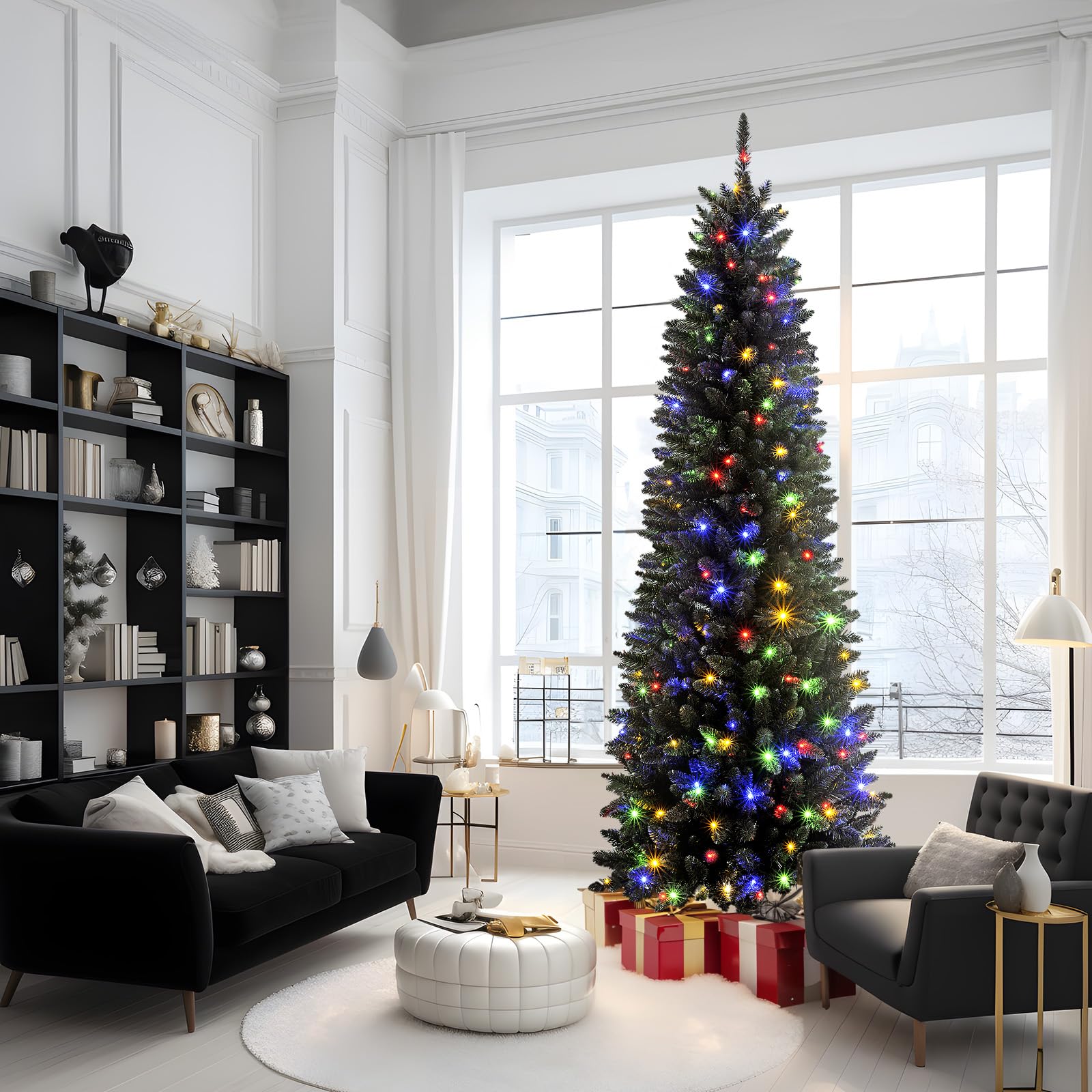 Prelit Artificial Warm White & Multi-Color Lights Slim Pencil Christmas Tree with Remote - SHareconn
