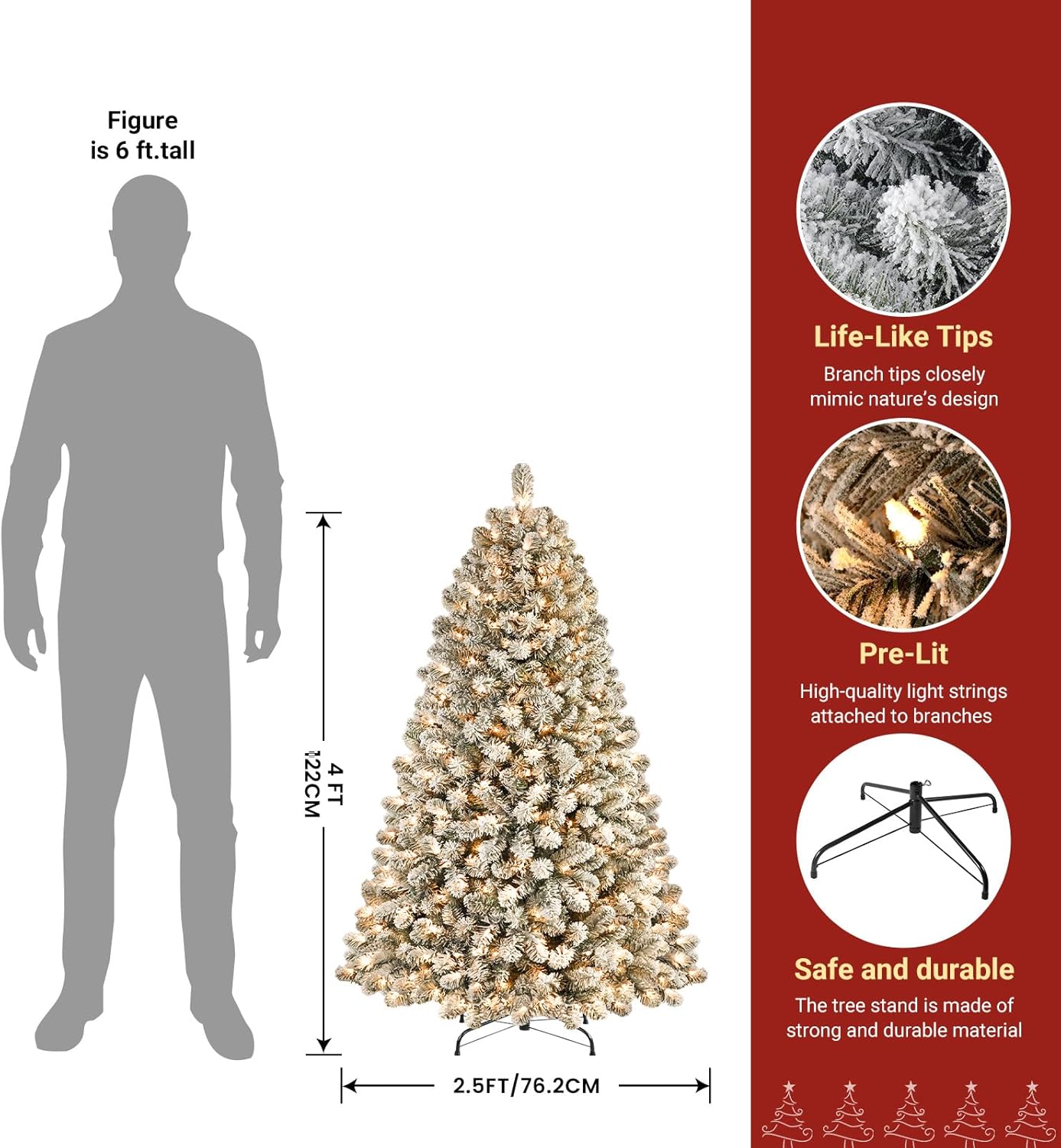 Pre-lit Warm White Lights Snow Flocked Artificial Hinged Christmas Xmas Trees-White - SHareconn