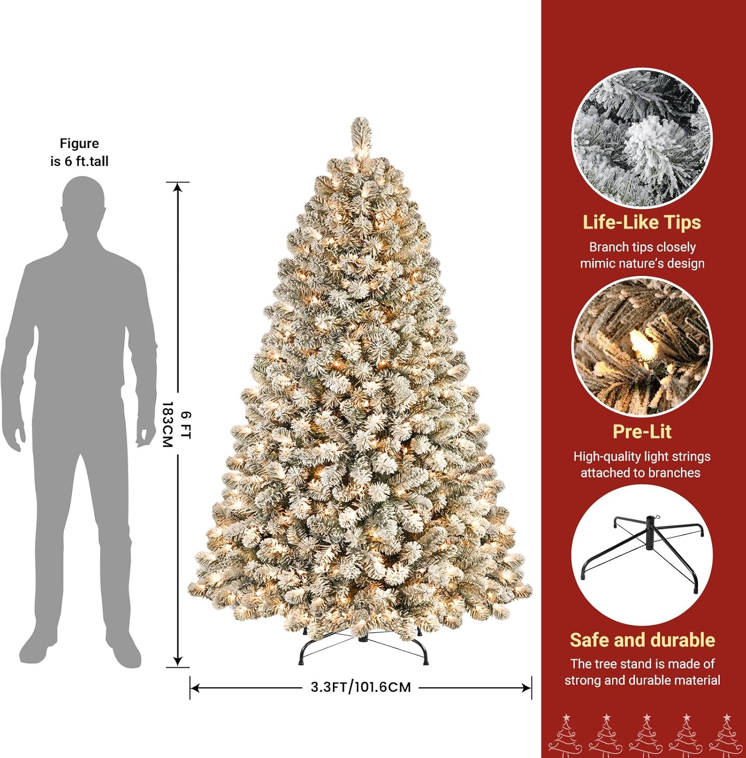 Pre-lit Warm White Lights Snow Flocked Artificial Hinged Christmas Xmas Trees-White - SHareconn
