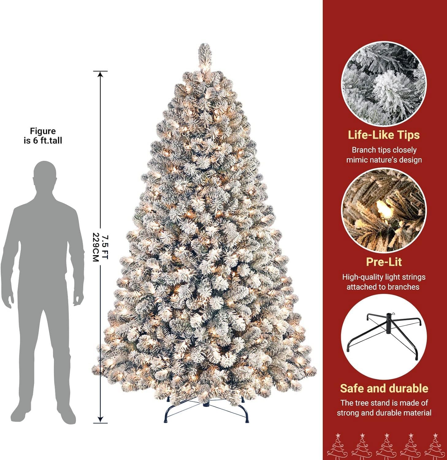 Pre-lit Warm White Lights Snow Flocked Artificial Hinged Christmas Xmas Trees-White - SHareconn