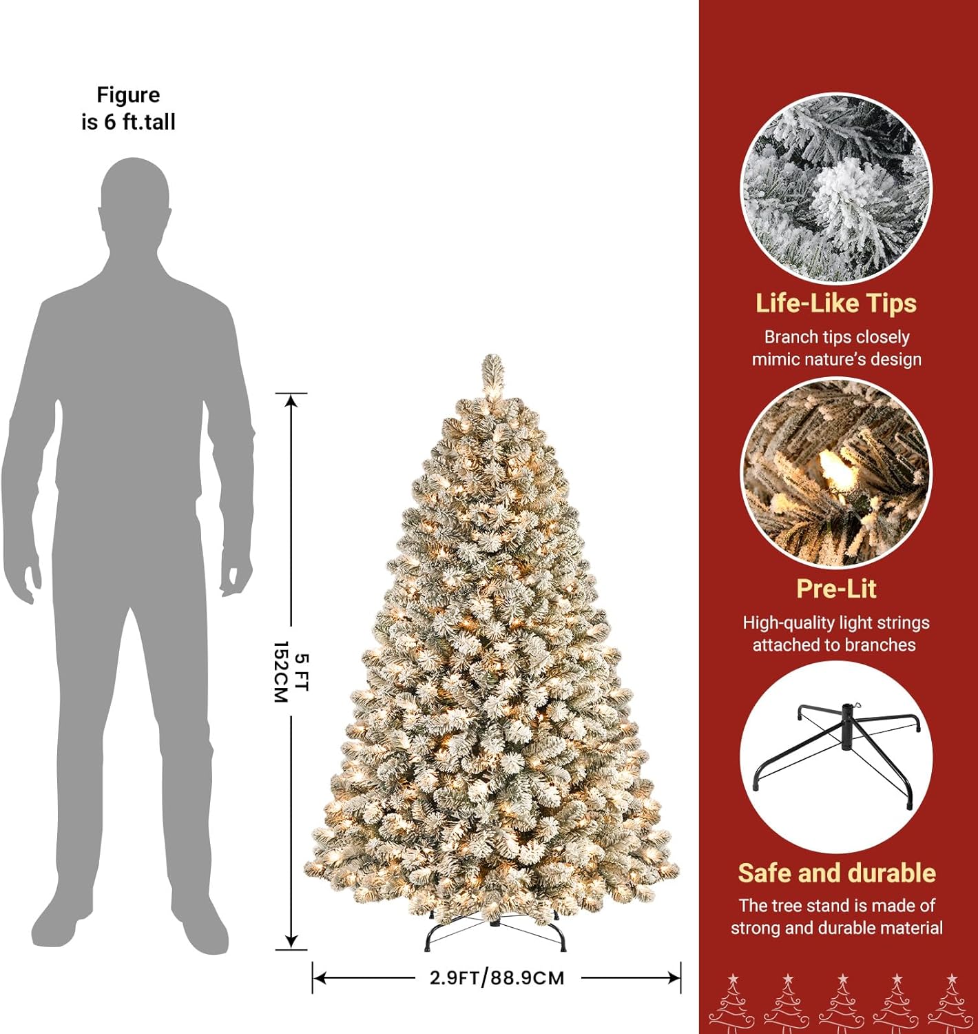 Pre-lit Warm White Lights Snow Flocked Artificial Hinged Christmas Xmas Trees-White - SHareconn