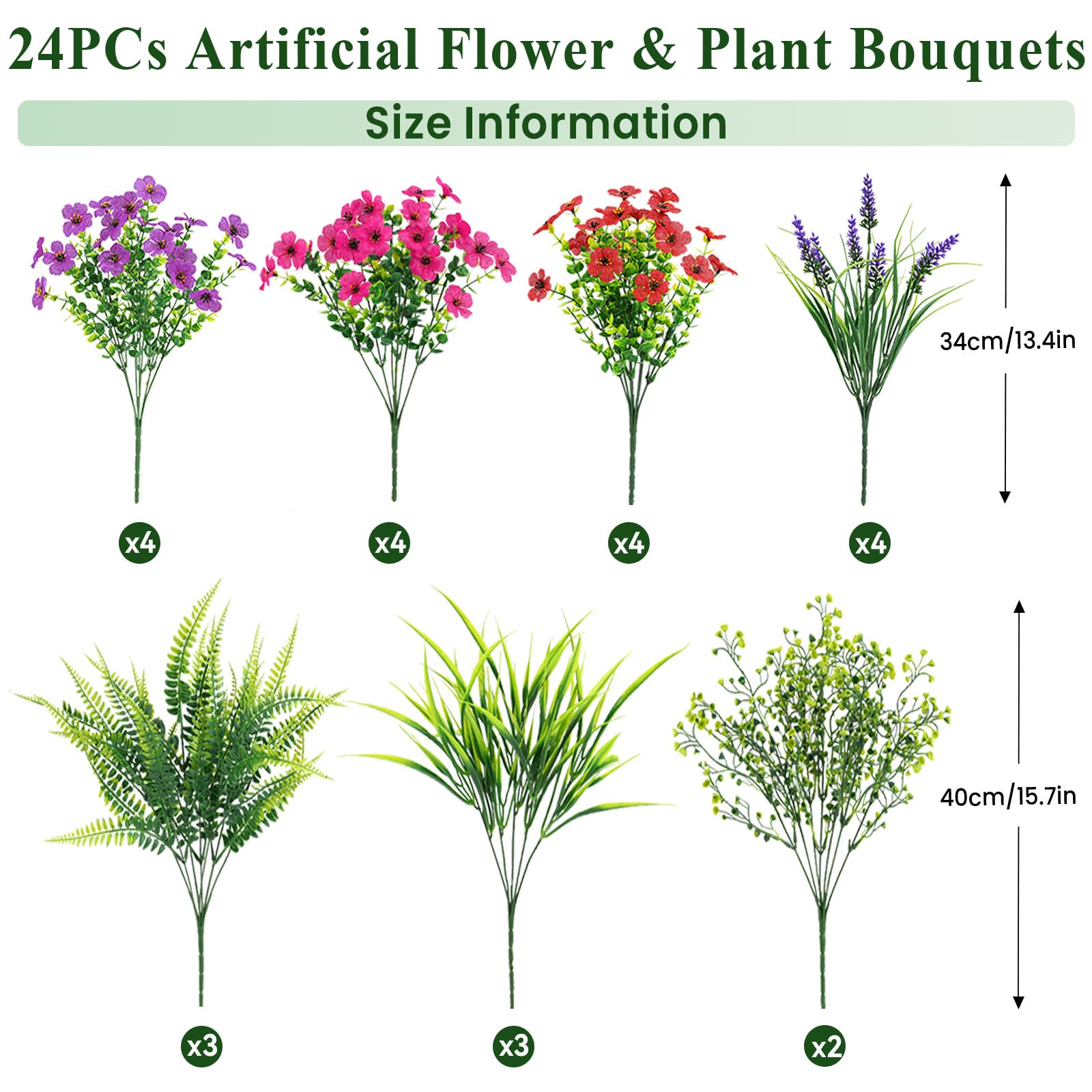 24 Bundles Artificial Flowers, UV Resistant Eucalyptus Violet and Lavender Silk Fake Plants, Red Rose Purple - SHareconn