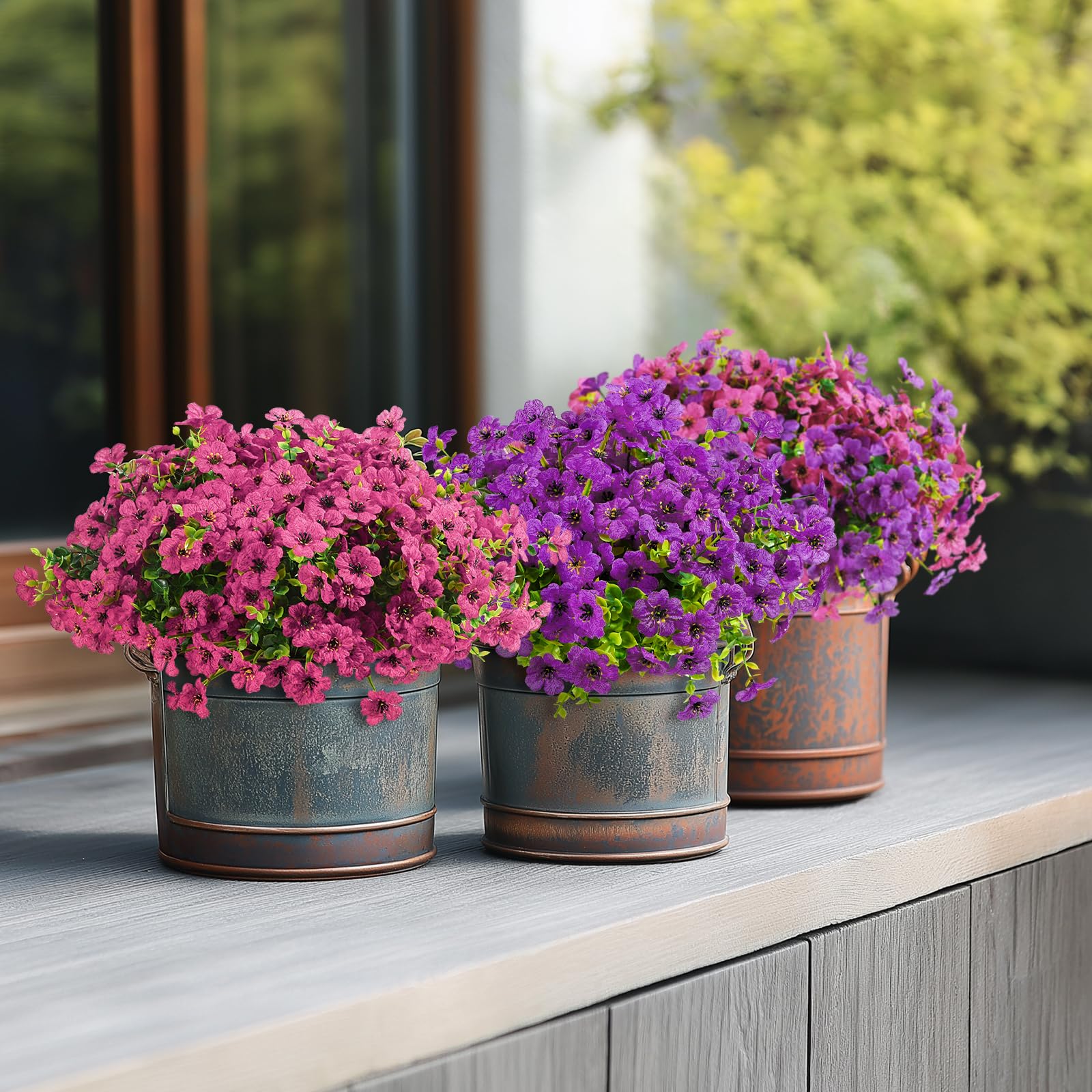 24 Bundles Artificial Flowers for Outdoors Decoration, UV Resistant Silk Violet Faux Colorful Daisy Eucalyptus(Purple & Rosered) - SHareconn