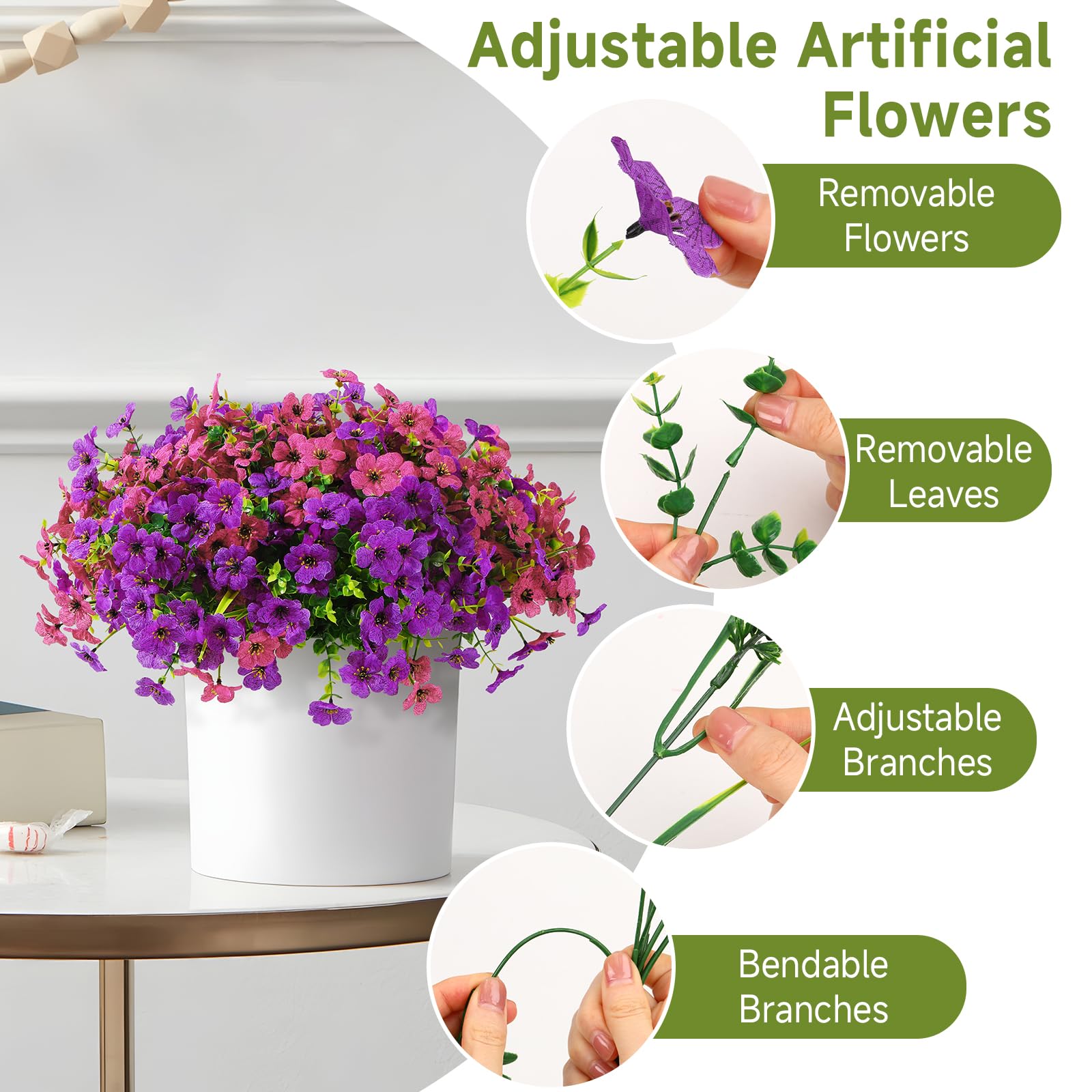 24 Bundles Artificial Flowers for Outdoors Decoration, UV Resistant Silk Violet Faux Colorful Daisy Eucalyptus(Purple & Rosered) - SHareconn