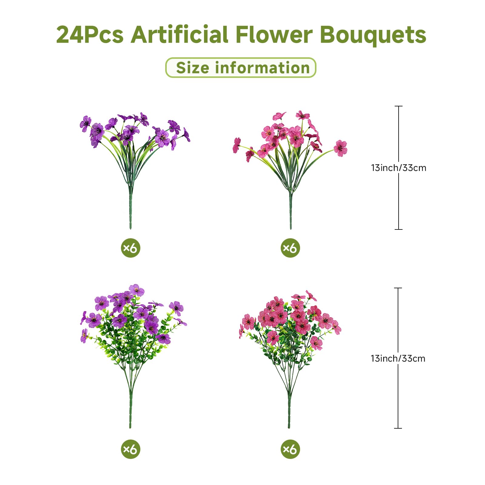 24 Bundles Artificial Flowers for Outdoors Decoration, UV Resistant Silk Violet Faux Colorful Daisy Eucalyptus(Purple & Rosered) - SHareconn