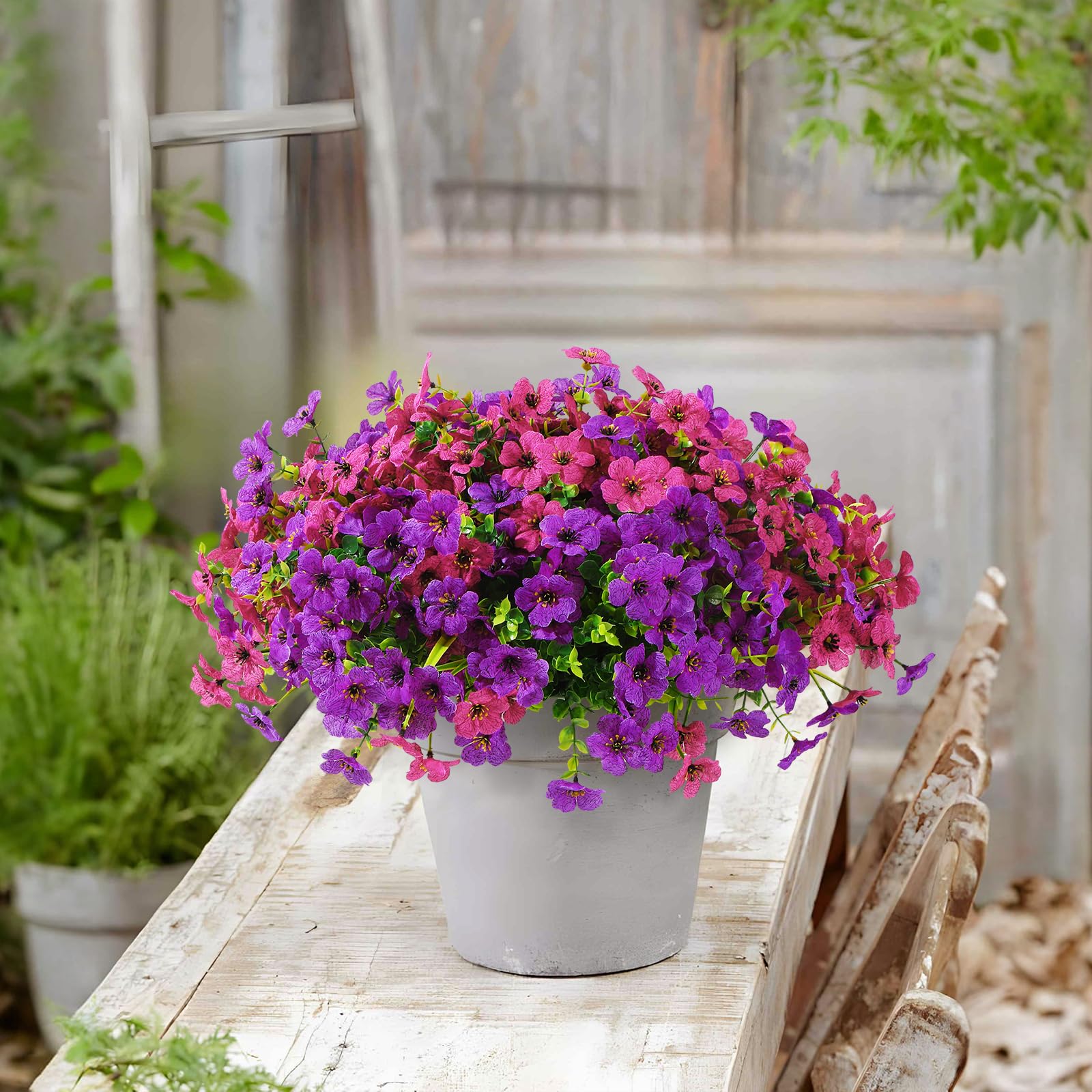 24 Bundles Artificial Flowers for Outdoors Decoration, UV Resistant Silk Violet Faux Colorful Daisy Eucalyptus(Purple & Rosered) - SHareconn