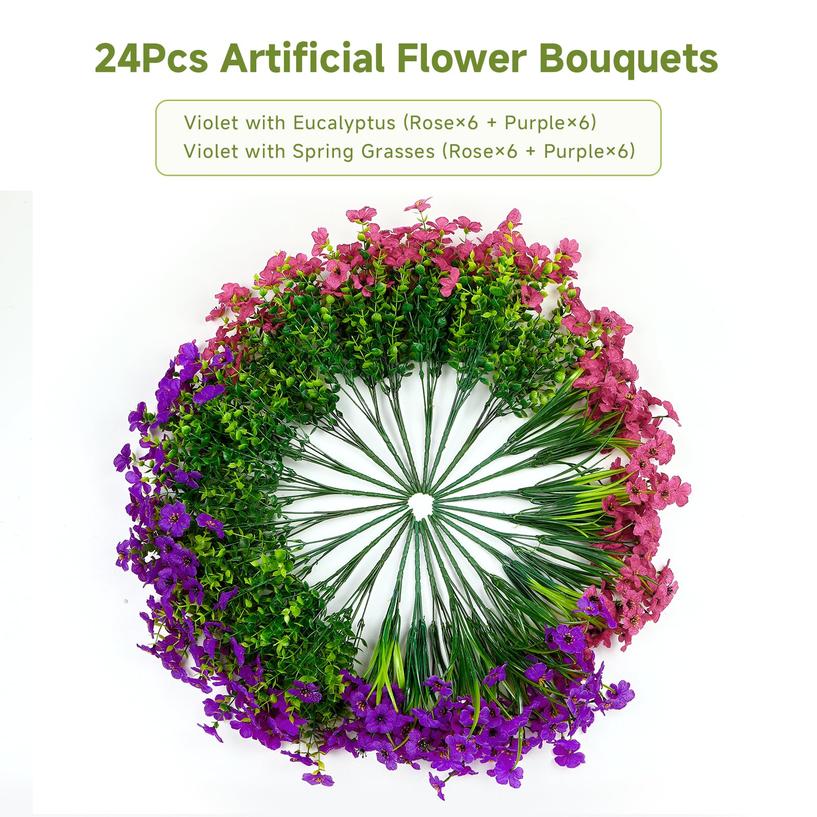 24 Bundles Artificial Flowers for Outdoors Decoration, UV Resistant Silk Violet Faux Colorful Daisy Eucalyptus(Purple & Rosered) - SHareconn
