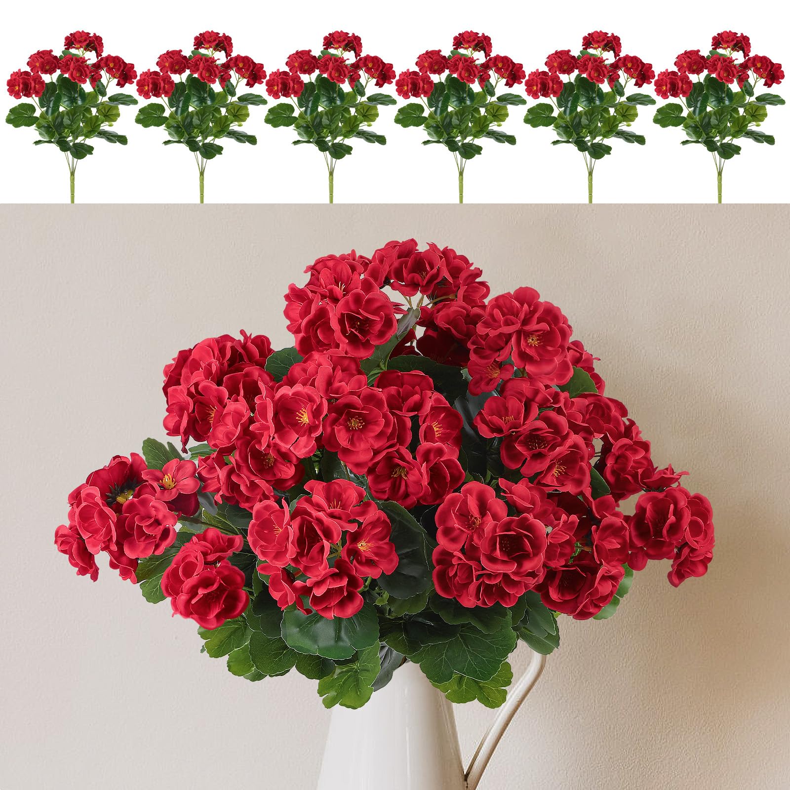 6 Pcs Artificial Geraniums Silk Flowers Red - SHareconn