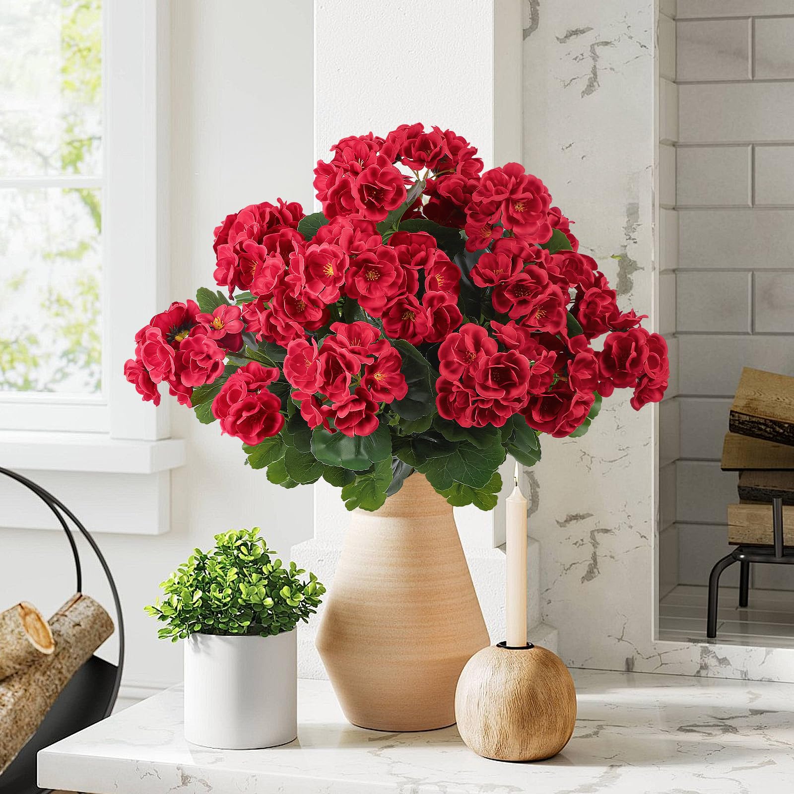 6 Pcs Artificial Geraniums Silk Flowers Red - SHareconn