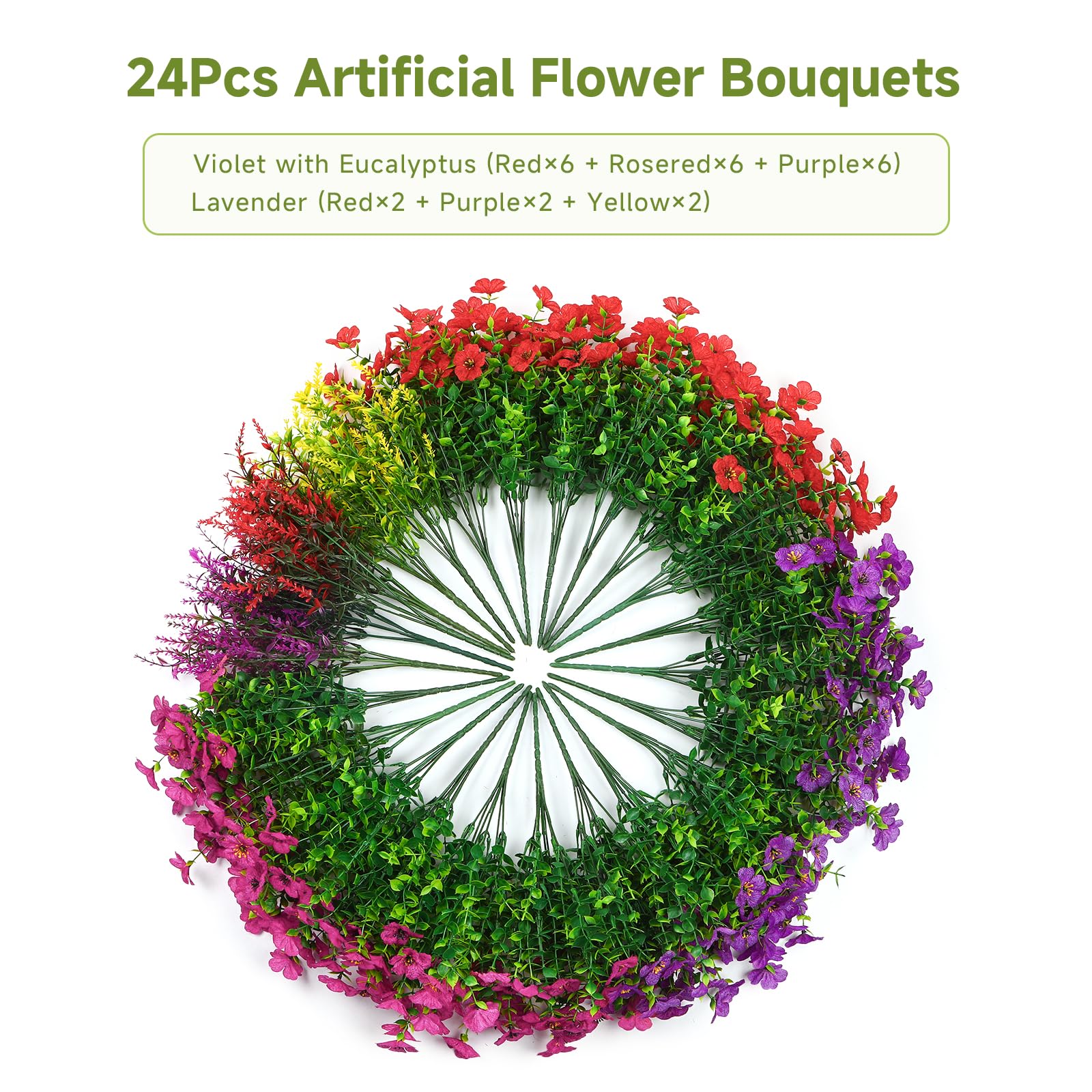 24 Bundles Artificial Faux UV Resistant Eucalyptus Violets Flowers(Mix 4 Colors) - SHareconn