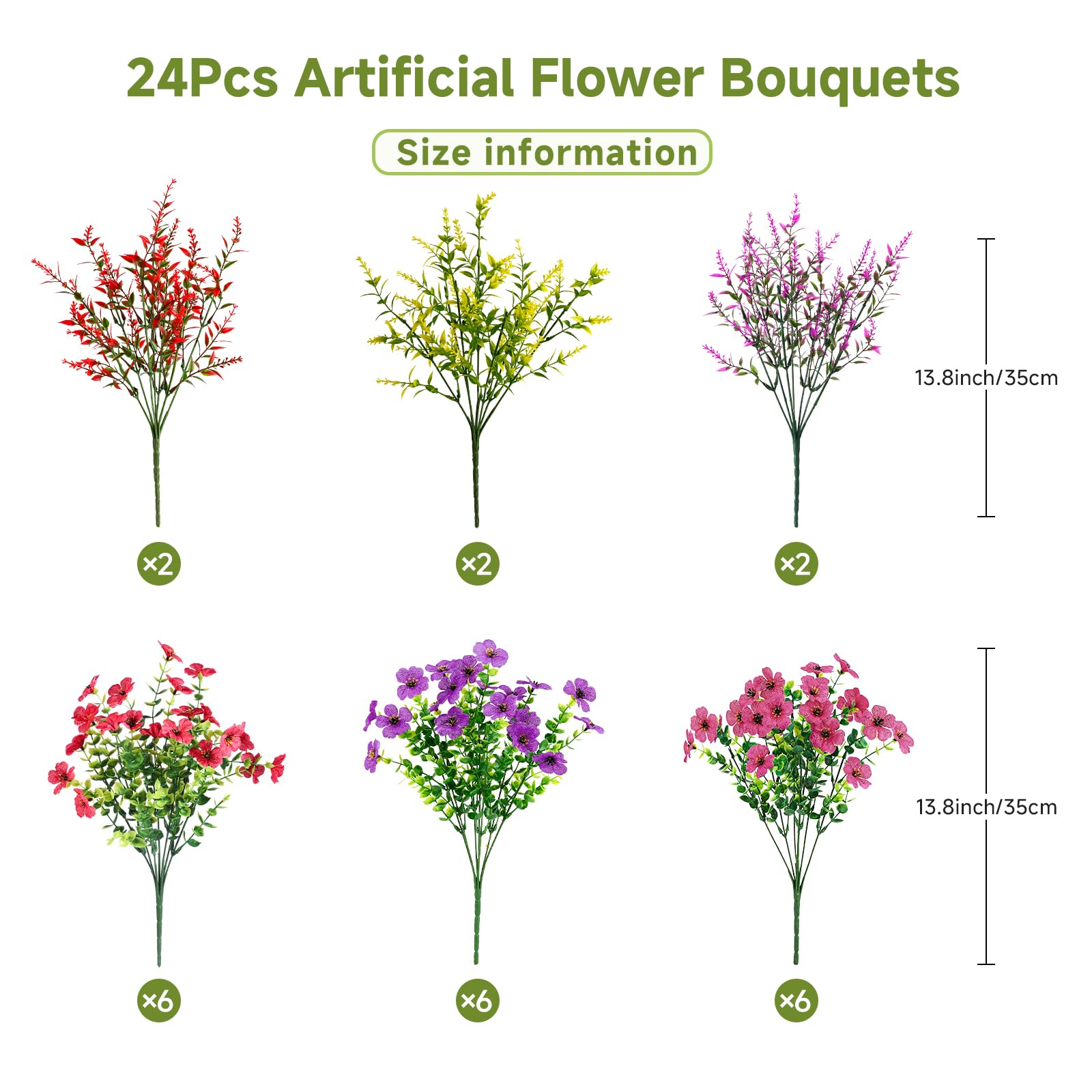 24 Bundles Artificial Faux UV Resistant Eucalyptus Violets Flowers(Mix 4 Colors) - SHareconn